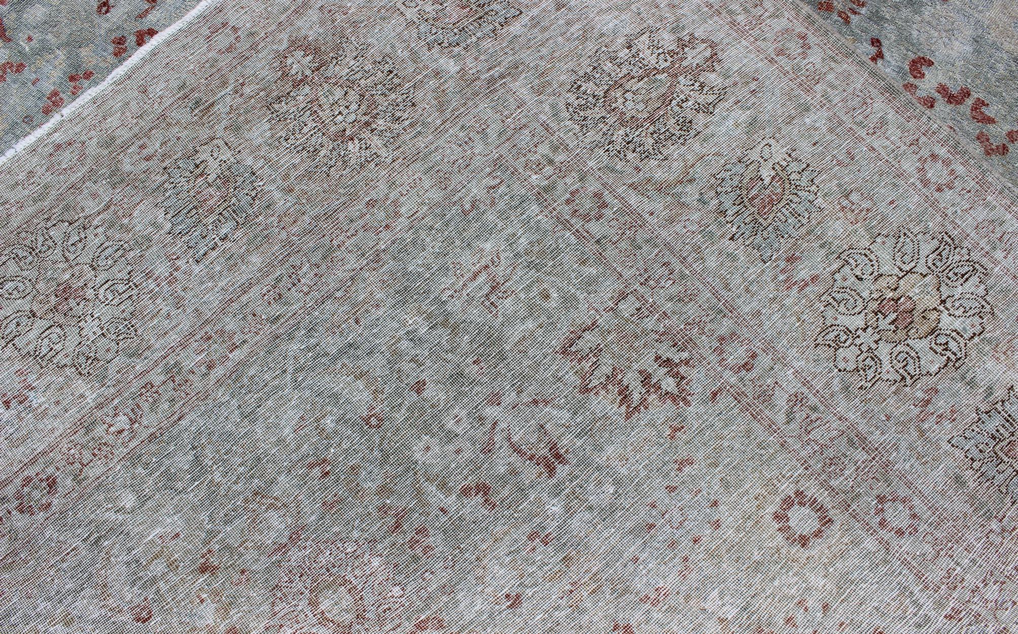 Light Blue Antique Persian Tabriz Rug with Floral Design and Hints of Red For Sale 8