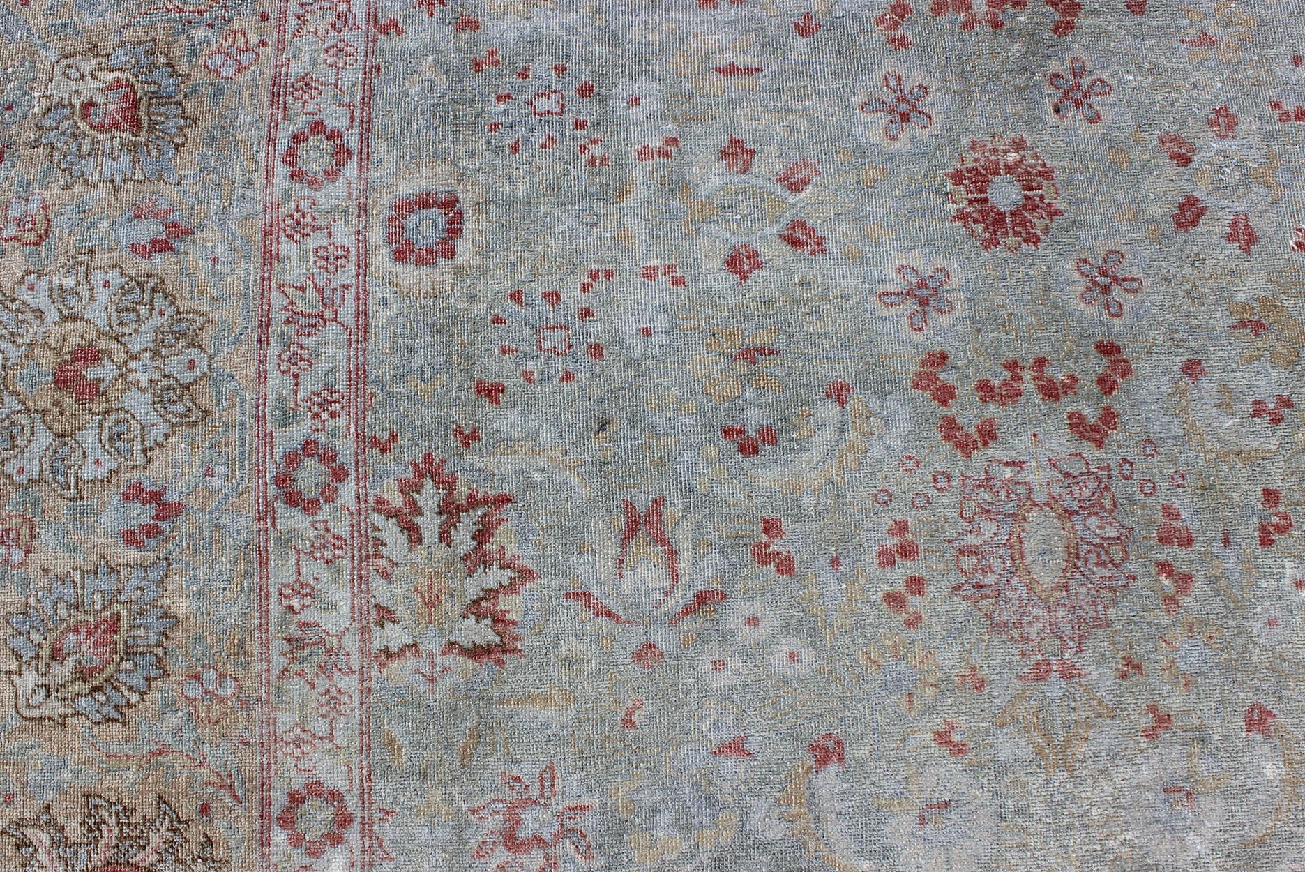 Light Blue Antique Persian Tabriz Rug with Floral Design and Hints of Red For Sale 2