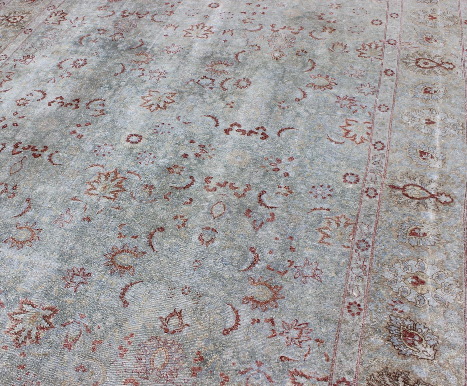 Light Blue Antique Persian Tabriz Rug with Floral Design and Hints of Red For Sale 3