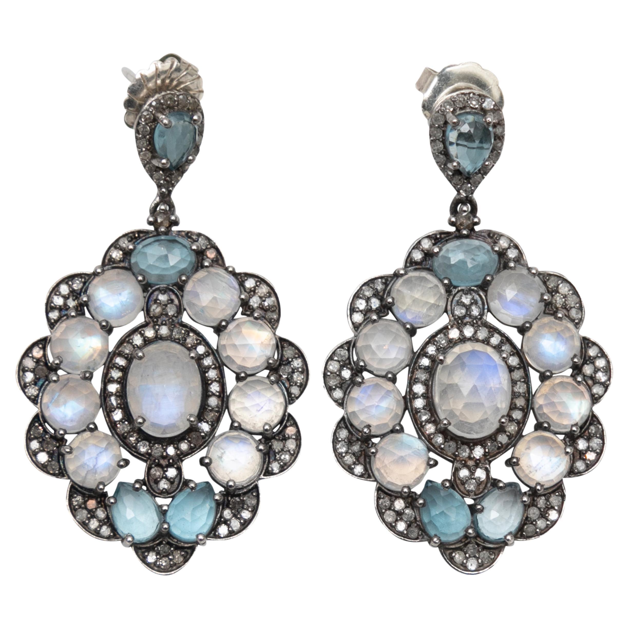 Light Blue Bavna Labradorite & Pave Diamond Pierced Drop Earrings For Sale