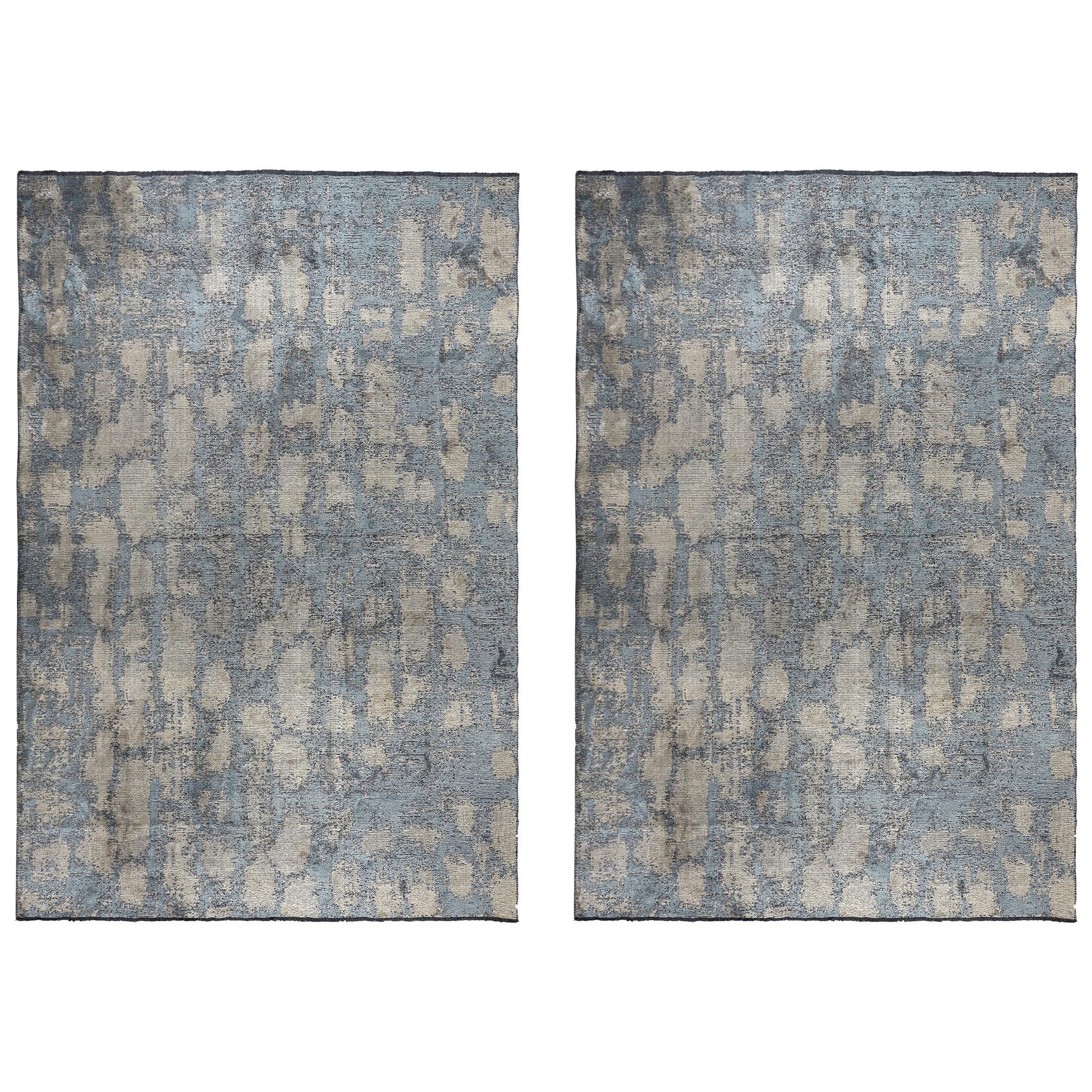 Light Blue Beige Silver Contemporary Fade Pattern Luxury Patina Rug Pair