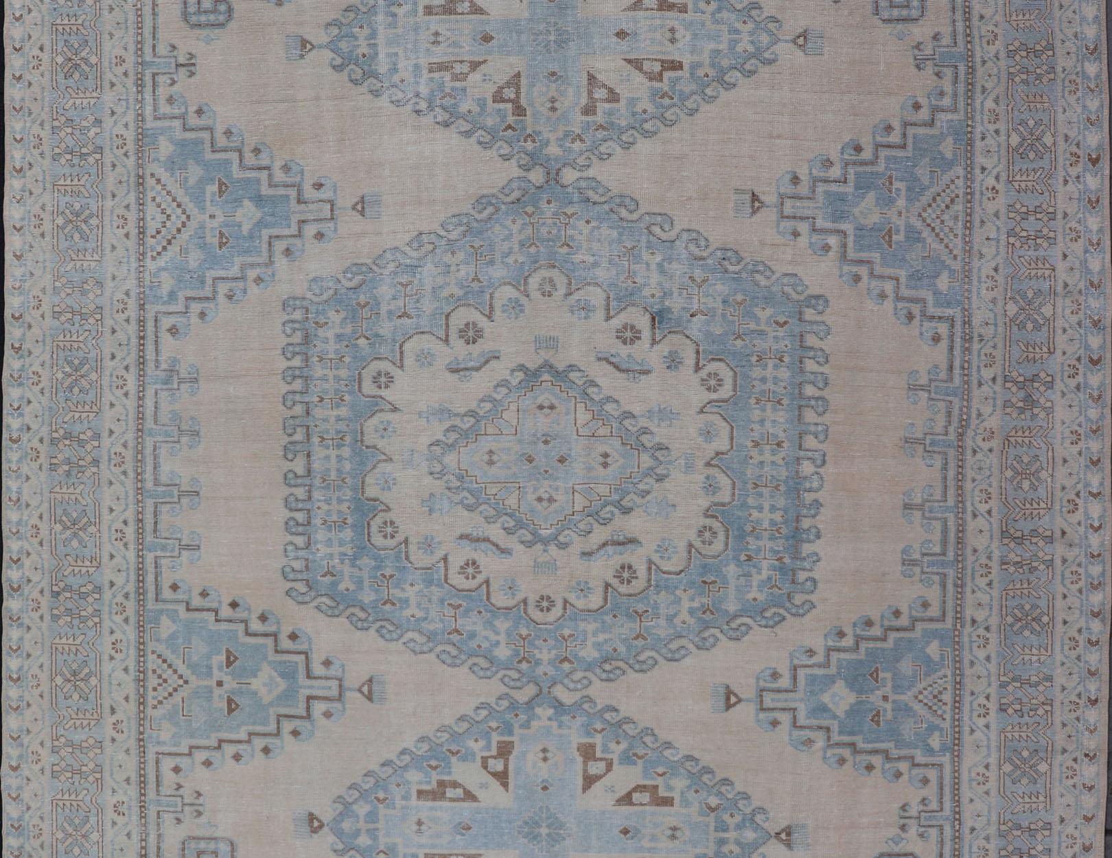 Persian Tabriz Rug With Geometric Medallion With Latch Hooks in Light Blue For Sale 4