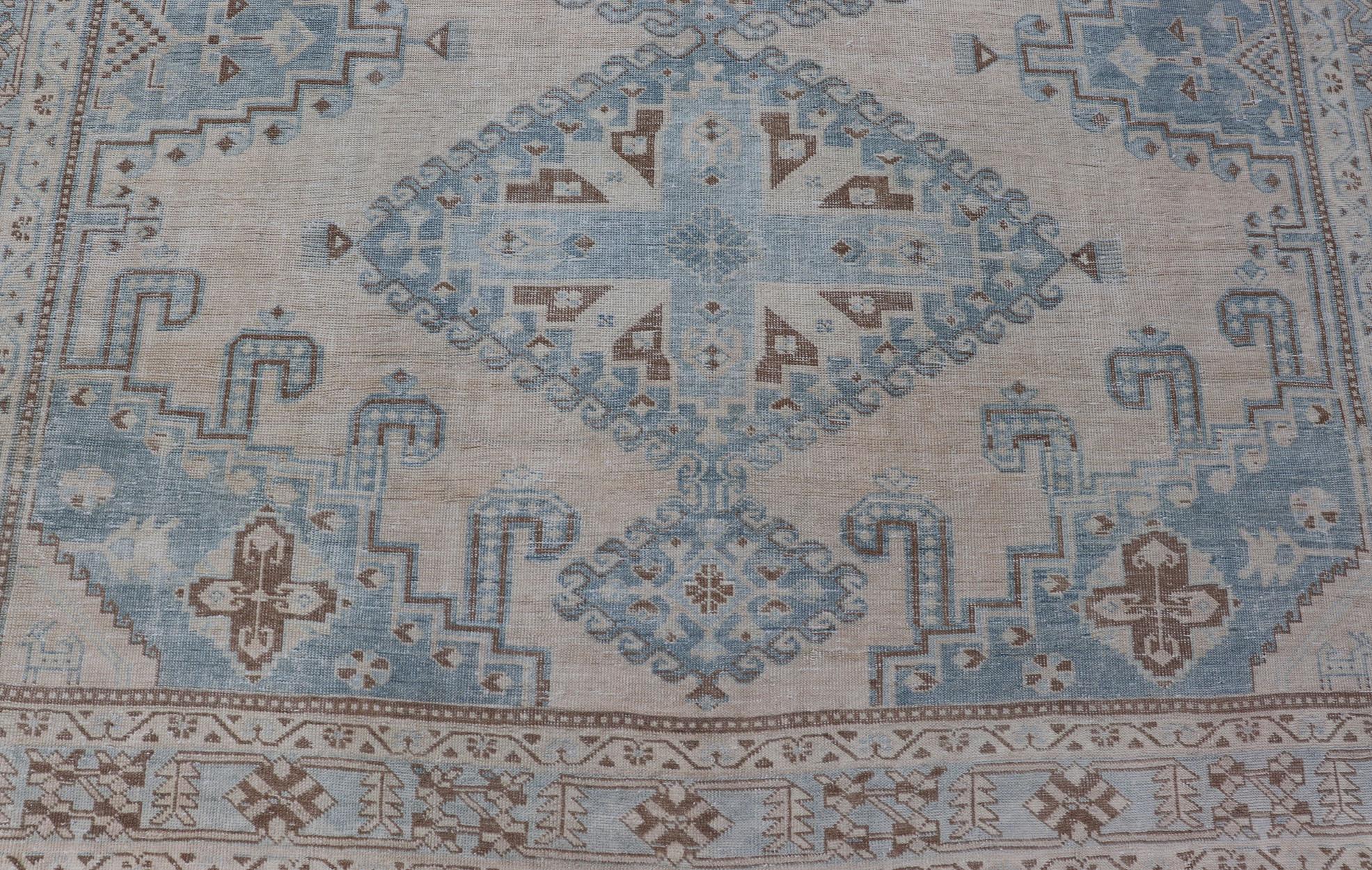 Wool Persian Tabriz Rug With Geometric Medallion With Latch Hooks in Light Blue For Sale