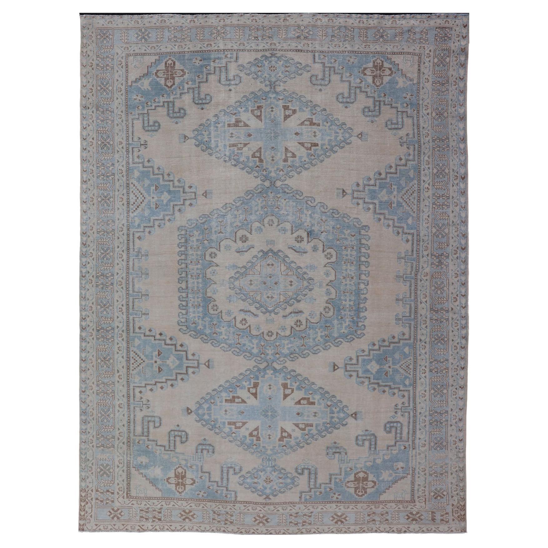 Persian Tabriz Rug With Geometric Medallion With Latch Hooks in Light Blue For Sale