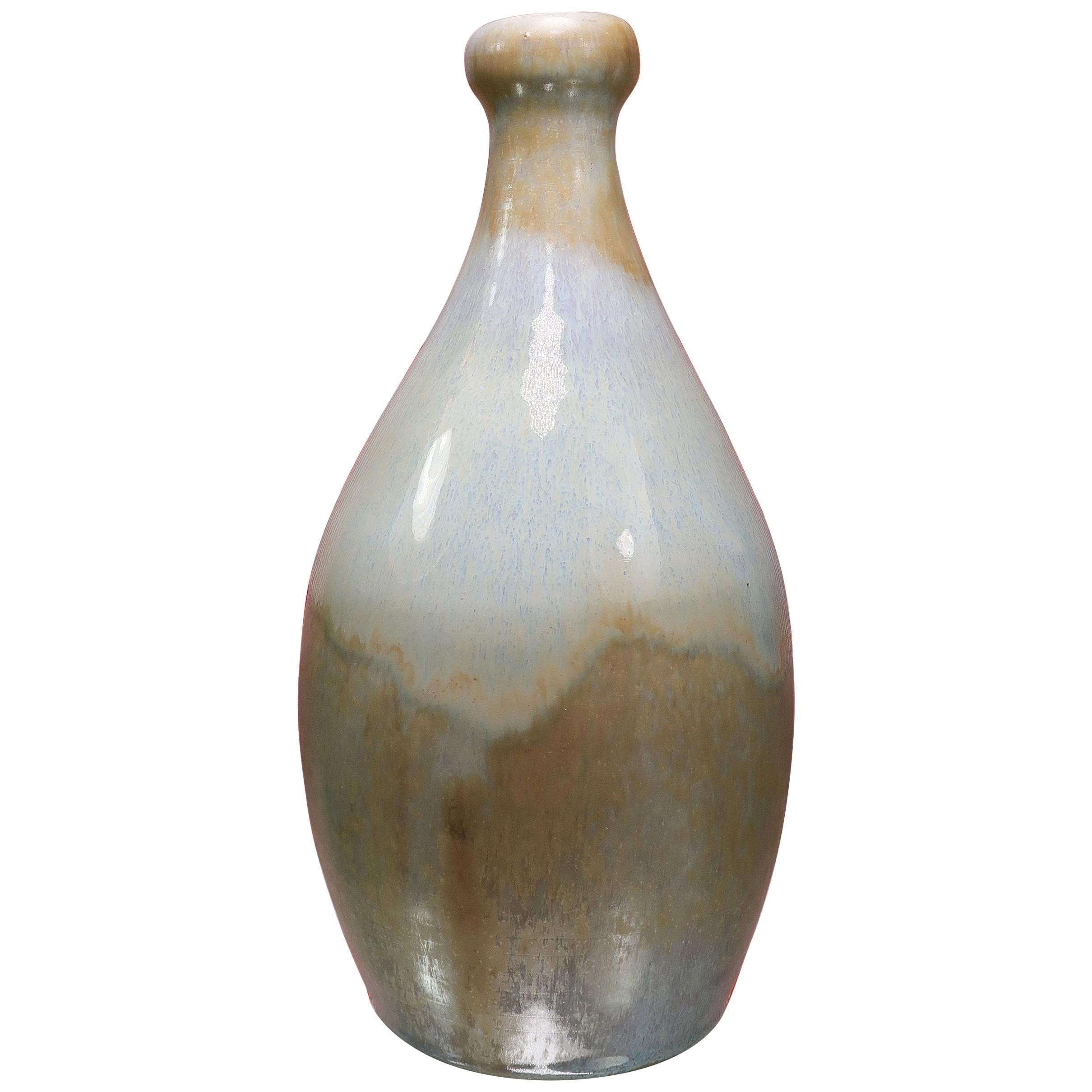 Vase en céramique vintage du milieu du siècle, bleu clair et caramel, années 1960