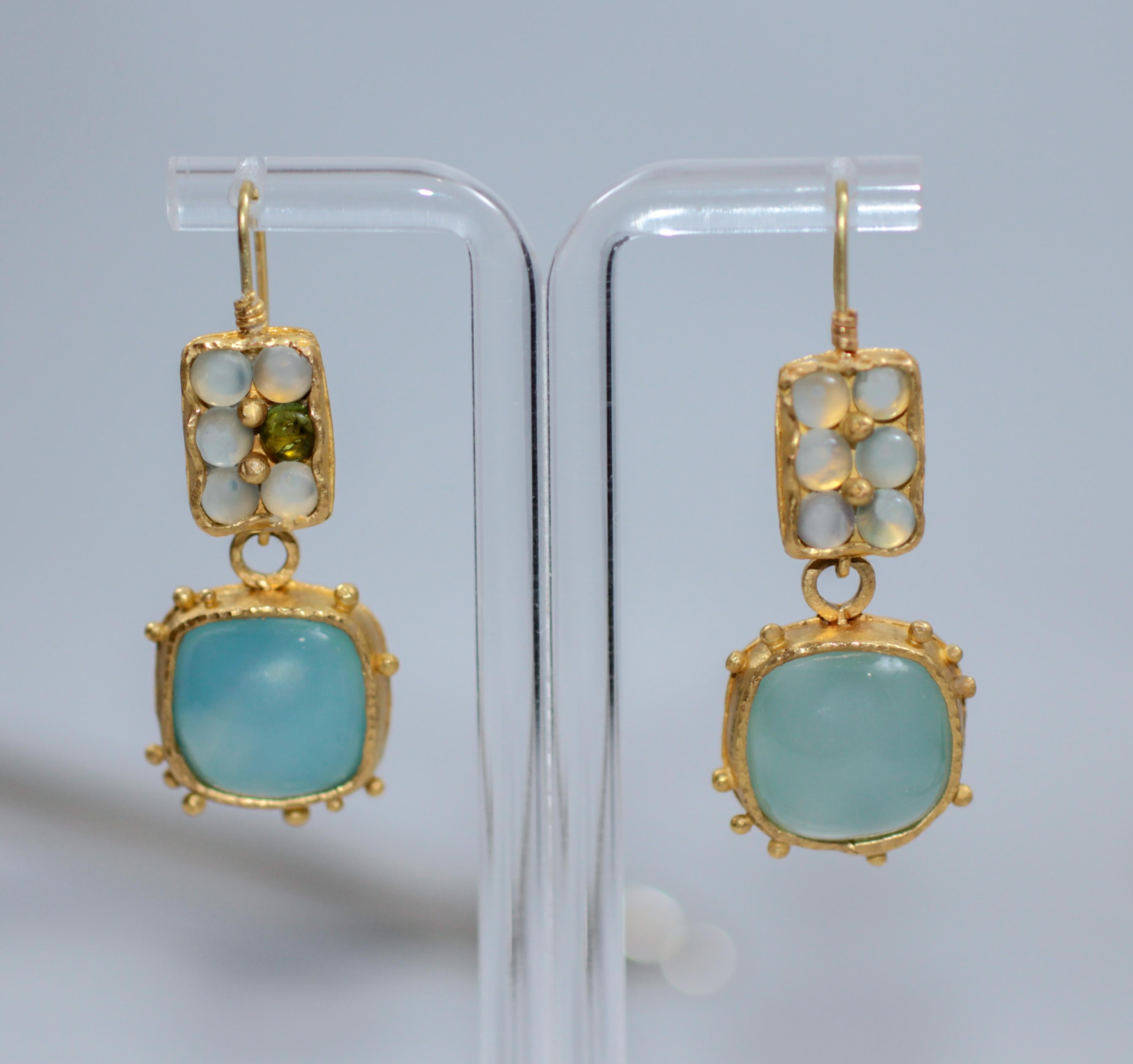 Light Blue Chalcedony Cabochon 22 Karat Gold Drop Dangle Earrings For Sale 4