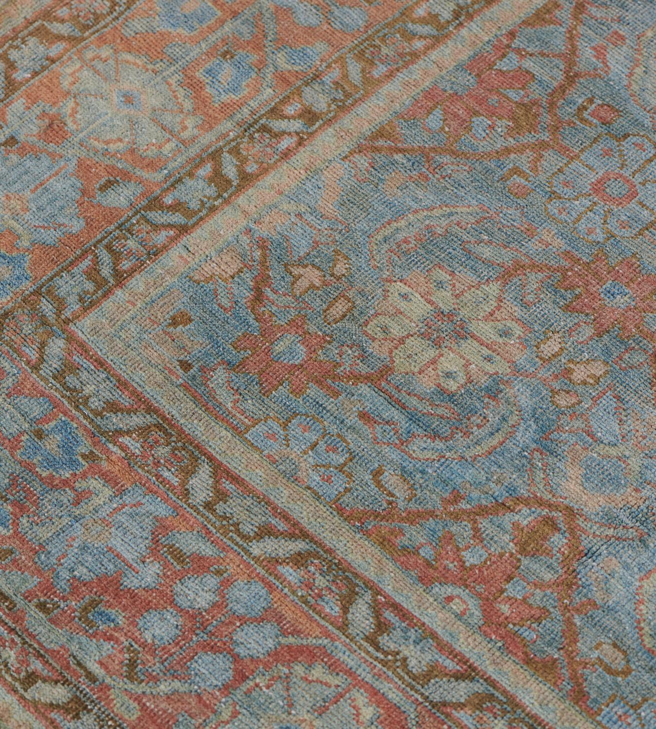 Hand-Knotted Light Blue Circa 1920 Antique Mahal Wool Rug For Sale