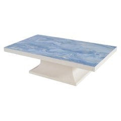 Light Blue Coffee Table  Scagliola Decorated Top, White texturised  Wooden Base