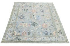 Light Blue Contemporary Oushak Style Wool Rug Handmade with Floral Design