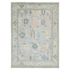 Light Blue Contemporary Oushak Style Wool Rug Handmade with Floral Design
