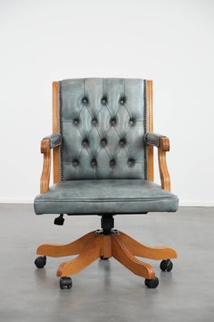 Light blue cow leather classic chesterfield office chair in English style