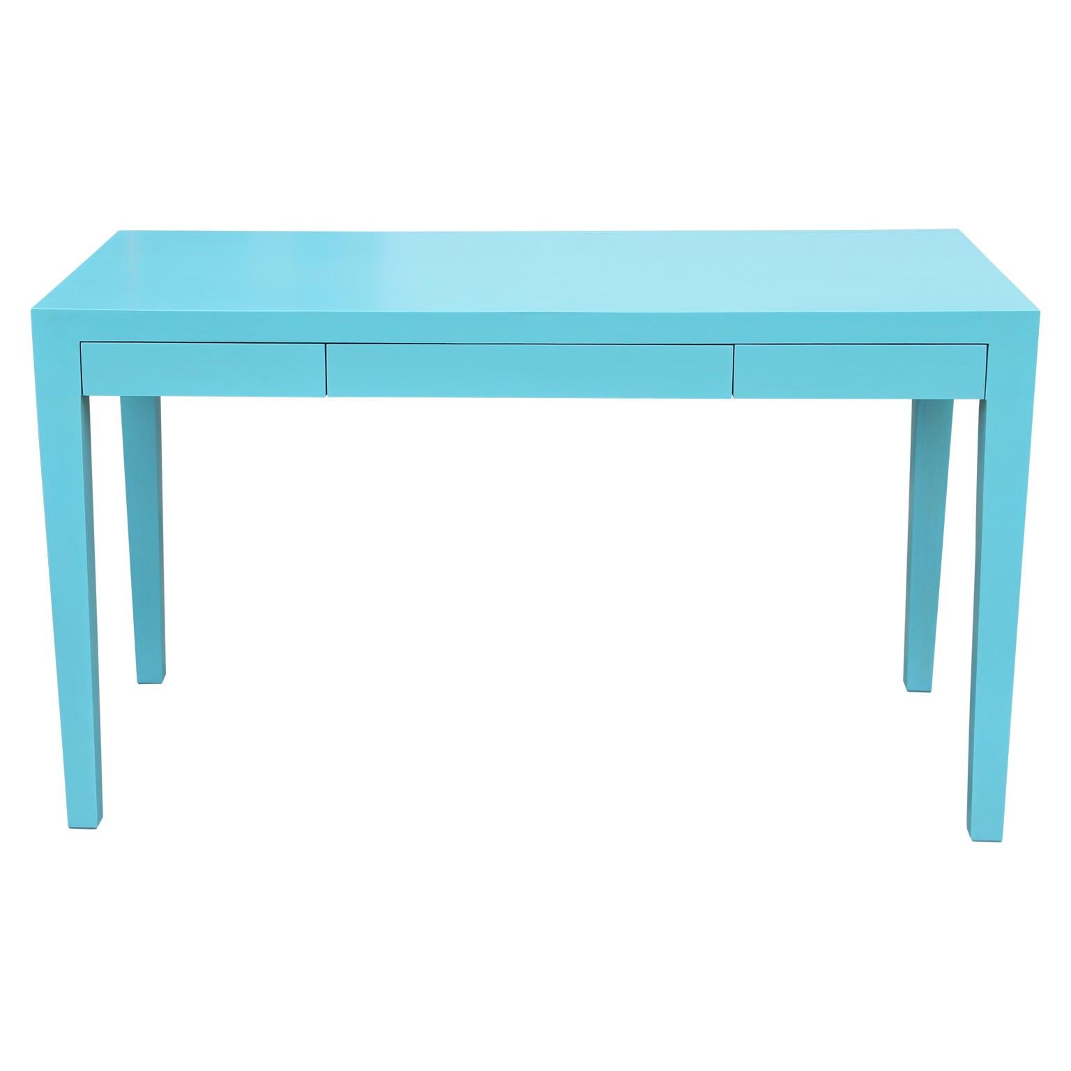 Light blue custom modern three drawer light blue writing desk. 2021.
