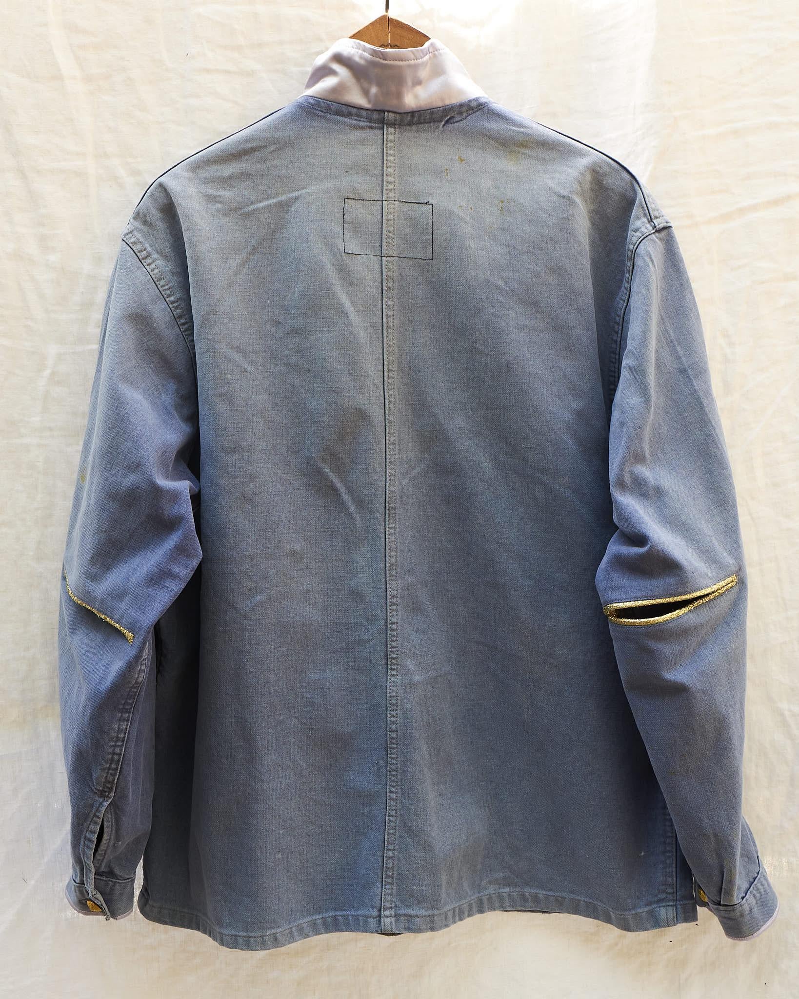 Light Blue Distressed Jacket French Work Wear Repurposed J Dauphin In New Condition In Los Angeles, CA