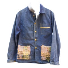Light Blue Distressed Jacket French Work Wear Repurposed Tweed Braid J Dauphin