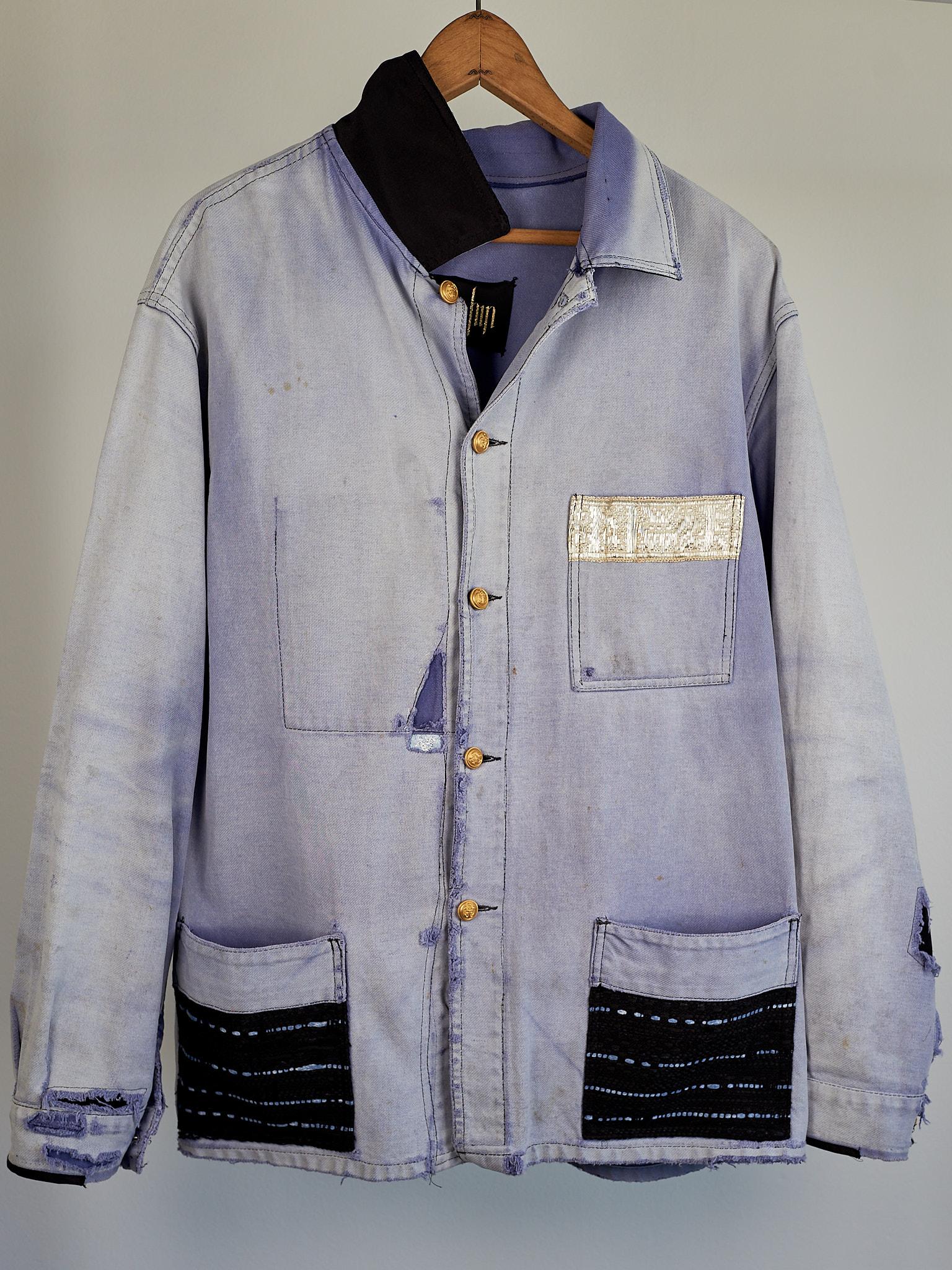 Light Blue Distressed Jacket French Work Wear Vintage Repurposed Silver Braid 6