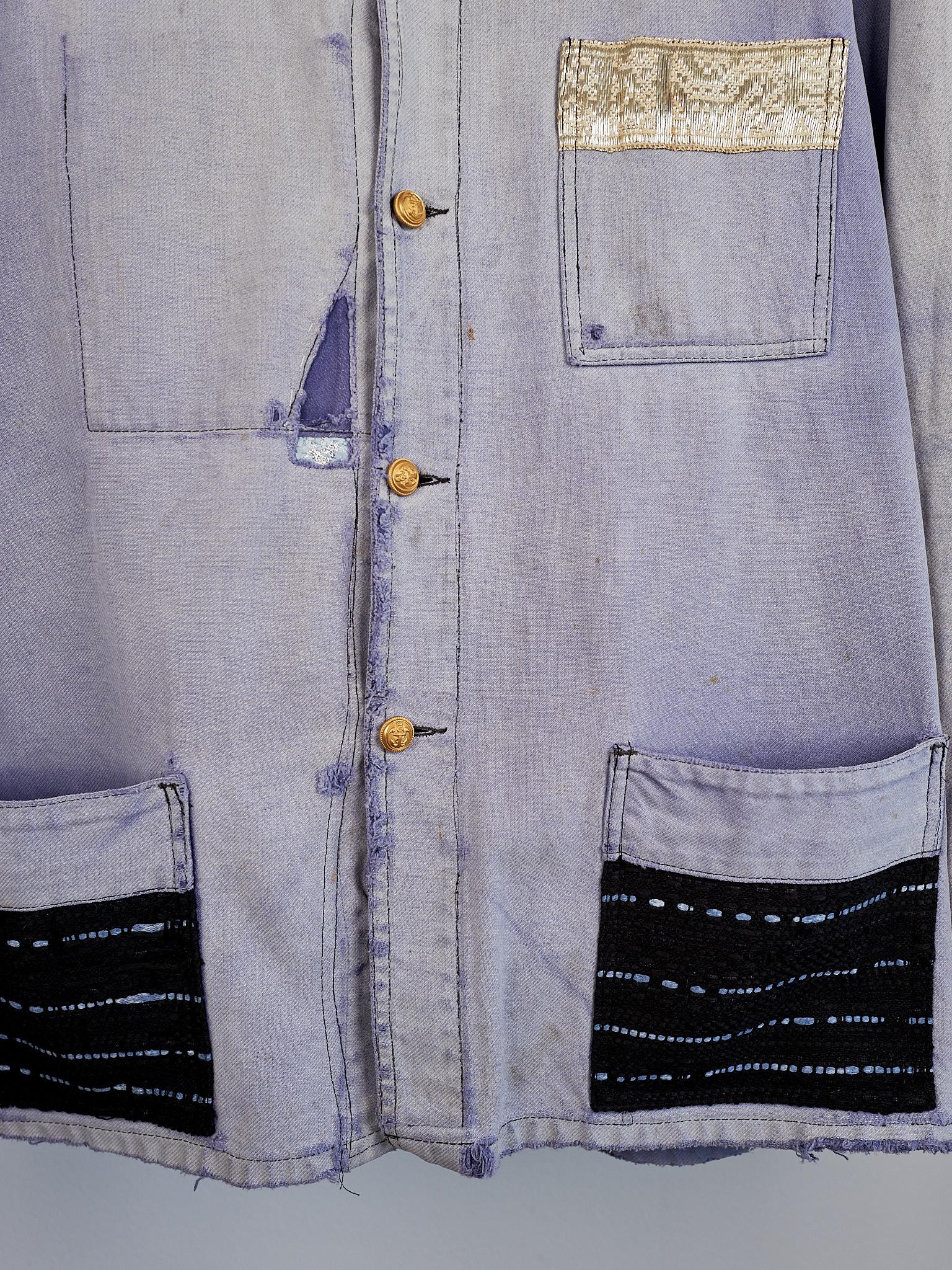 Women's Light Blue Distressed Jacket French Work Wear Vintage Repurposed Silver Braid