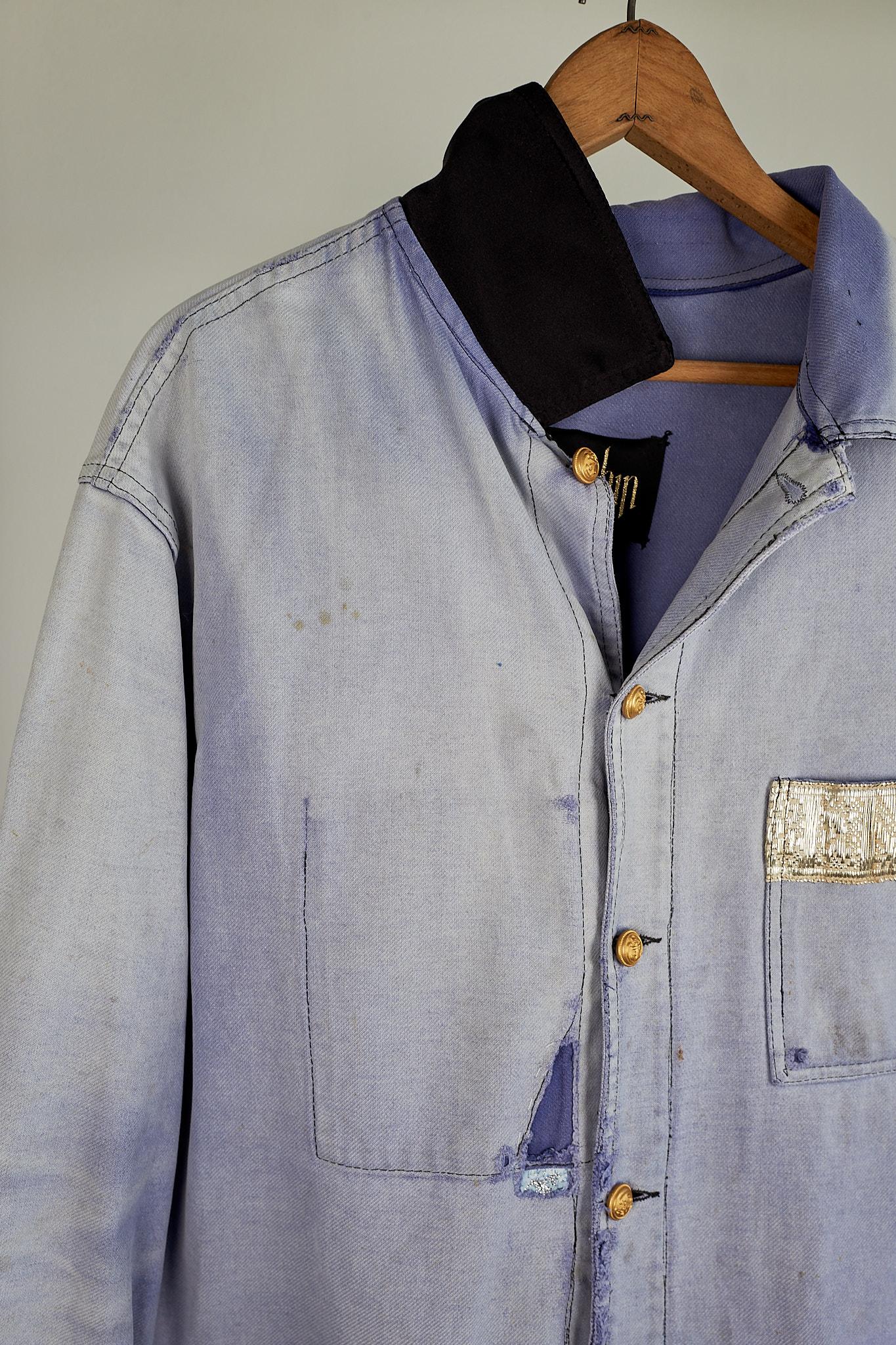 Light Blue Distressed Jacket French Work Wear Vintage Repurposed Silver Braid 1