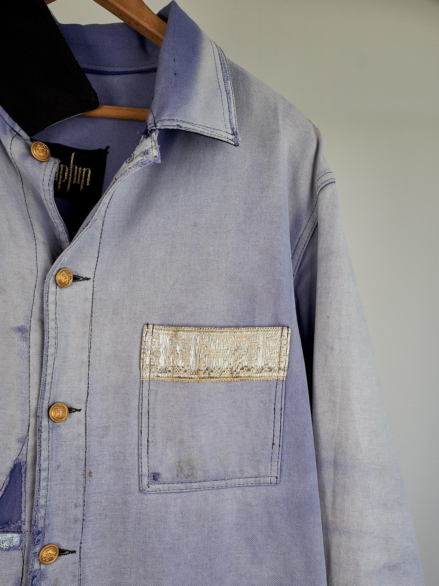 Light Blue Distressed Jacket French Work Wear Vintage Repurposed Silver Braid 2