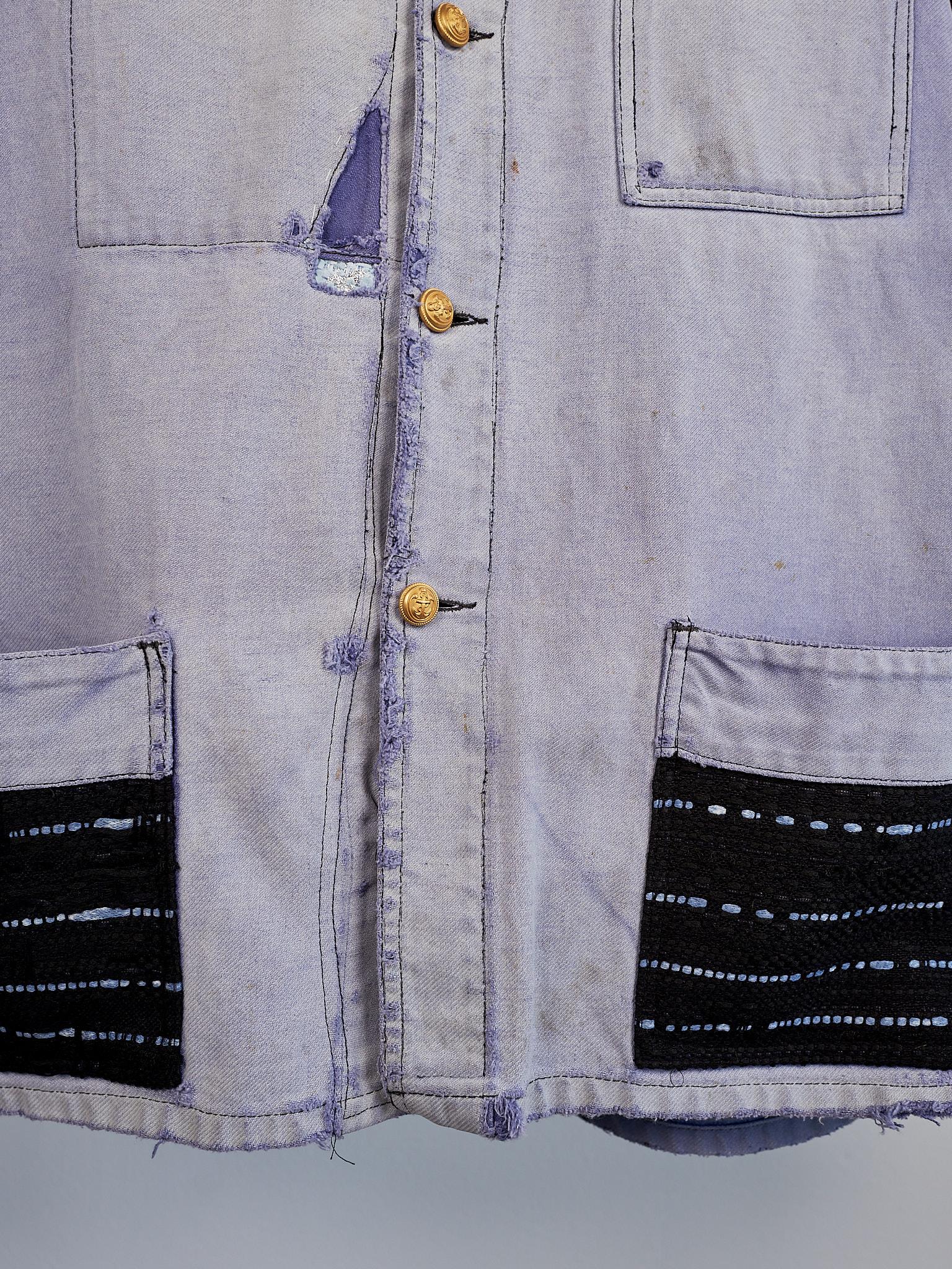 Light Blue Distressed Jacket French Work Wear Vintage Repurposed Silver Braid 3
