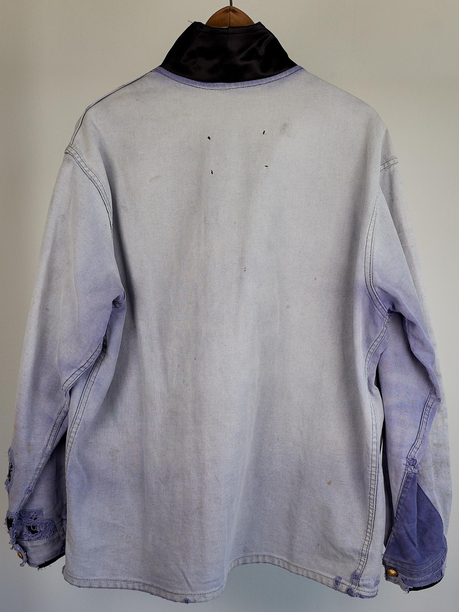 Light Blue Distressed Jacket French Work Wear Vintage Repurposed Silver Braid 5