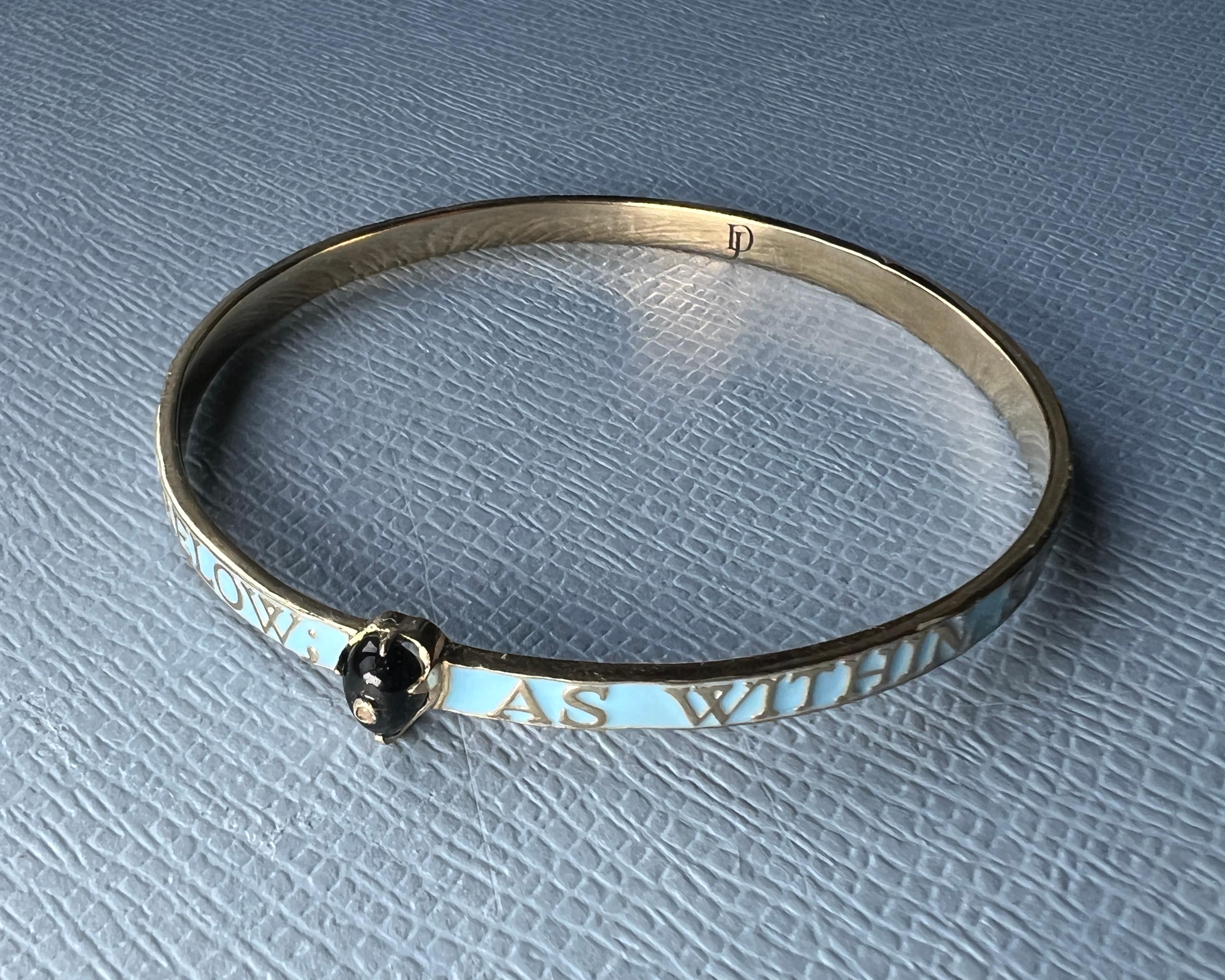 Taglio brillante Light Blue Enamel Bangle Bracelet Diamond Onyx Heart 14K Gold-Plate in vendita