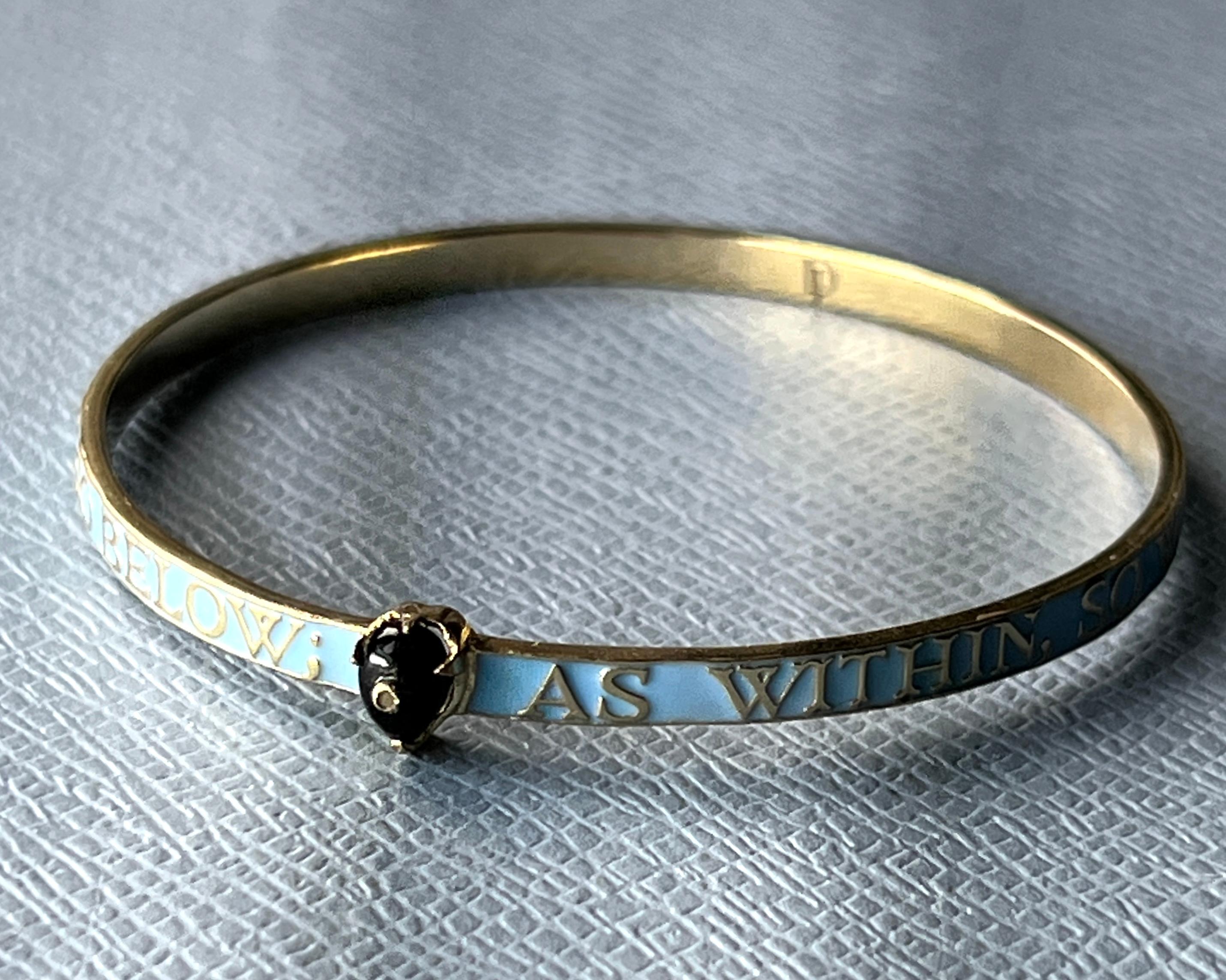 Light Blue Enamel Bangle Bracelet Diamond Onyx Heart 14K Gold-Plate In condizioni Nuovo in vendita a Los Angeles, CA