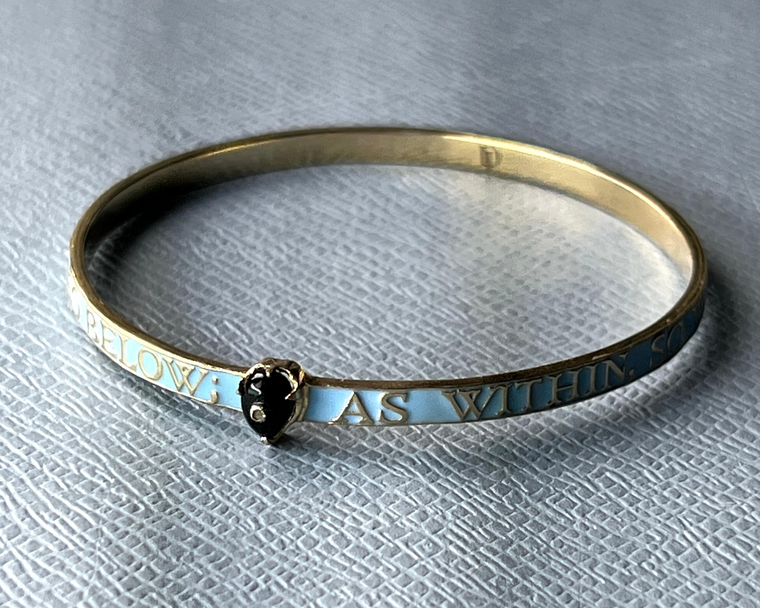 Donna Light Blue Enamel Bangle Bracelet Diamond Onyx Heart 14K Gold-Plate in vendita