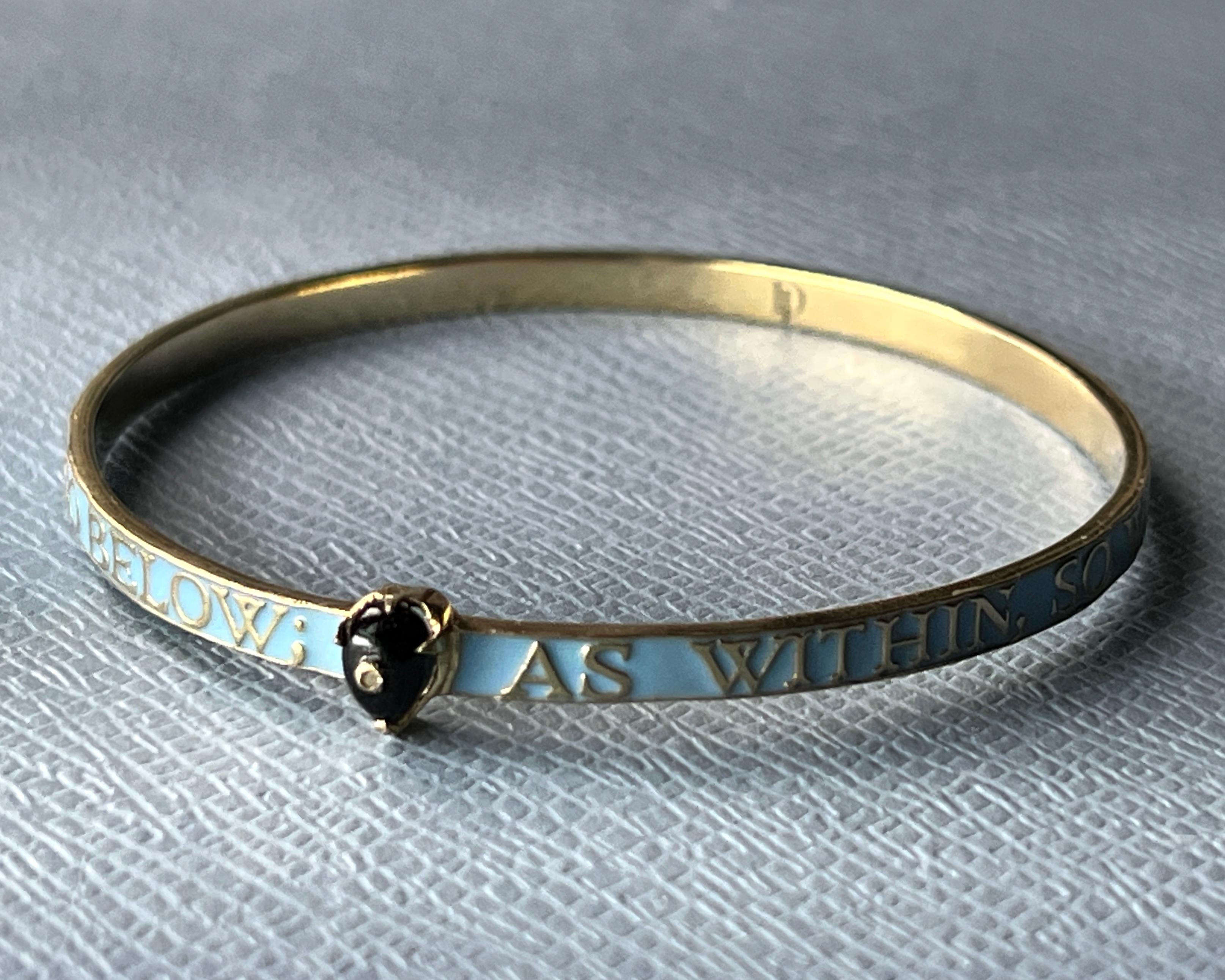 Light Blue Enamel Bangle Bracelet Diamond Onyx Heart 14K Gold-Plate in vendita 2
