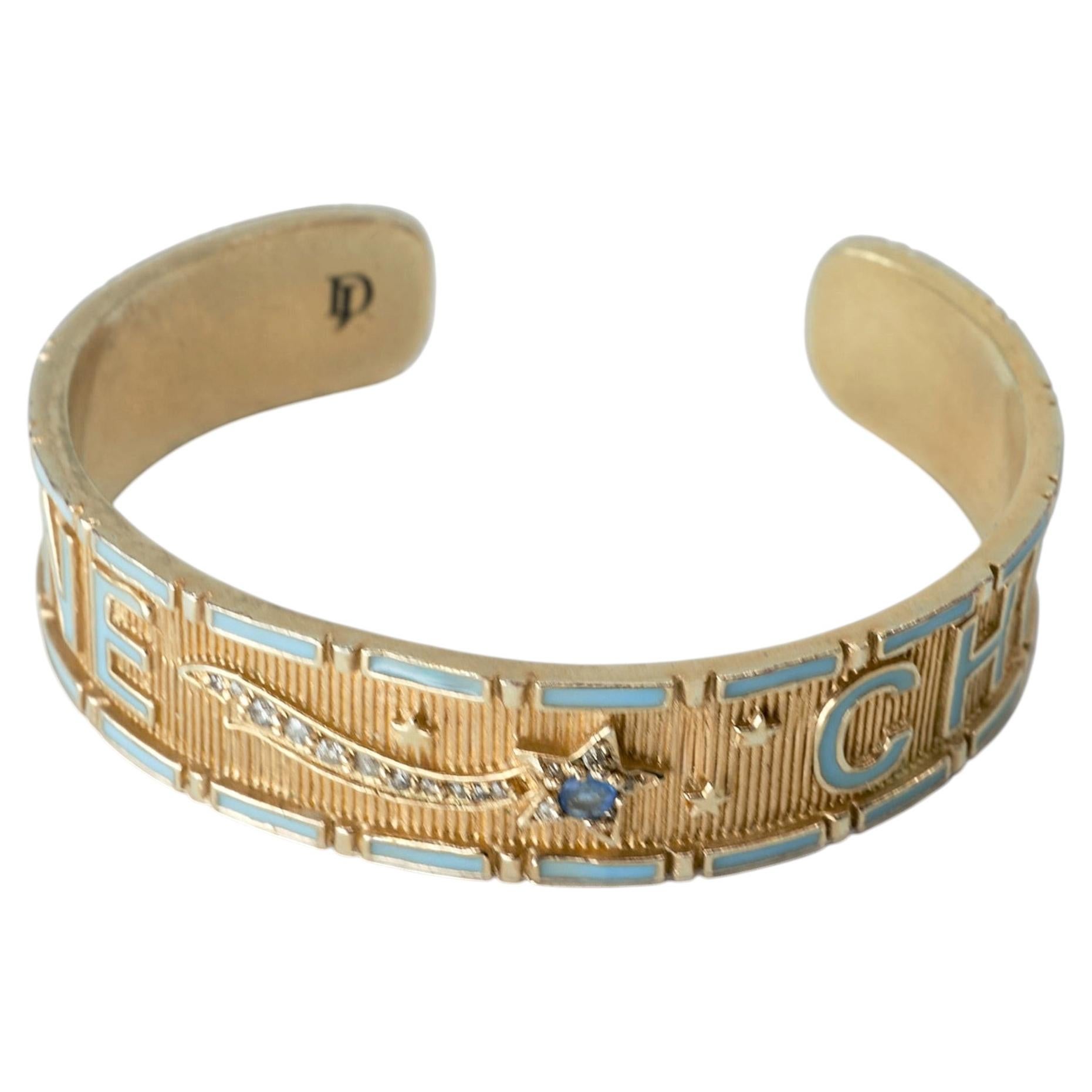 Bracciale con lettere dorate, zaffiro blu a forma di stella, Divine Child, smalto azzurro