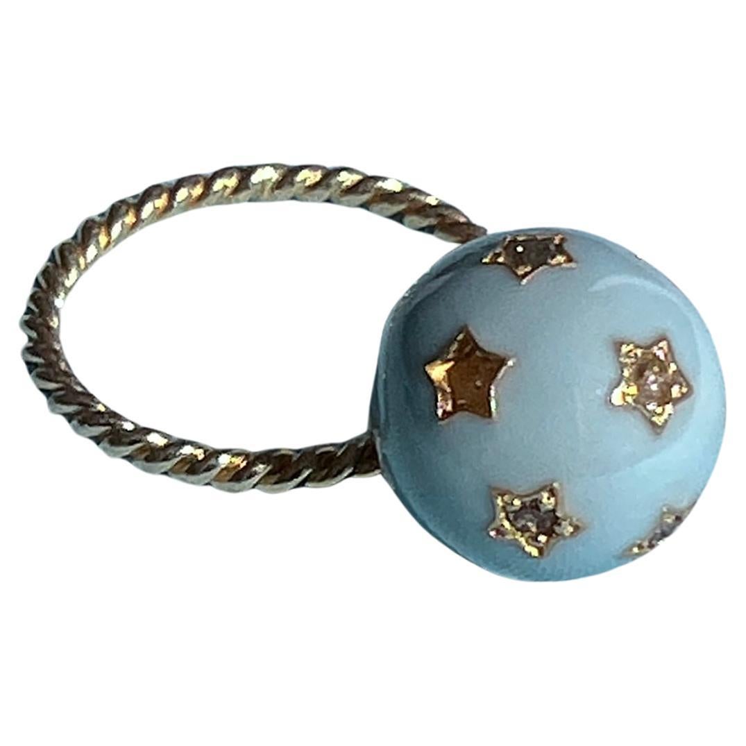Anillo Estrella Diamante Esmalte Azul Claro Estilo Victoriano en venta