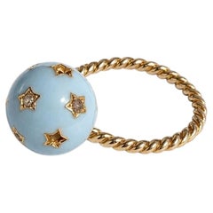 Light Blue Enamel Ring Diamond Star Twisted Band Celestial Orb