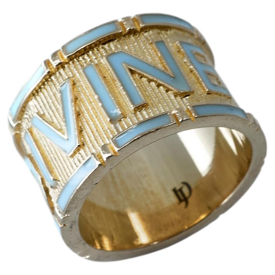 Gold Ring Light Blue Enamel Divine Word Cigar Band Motto For Sale