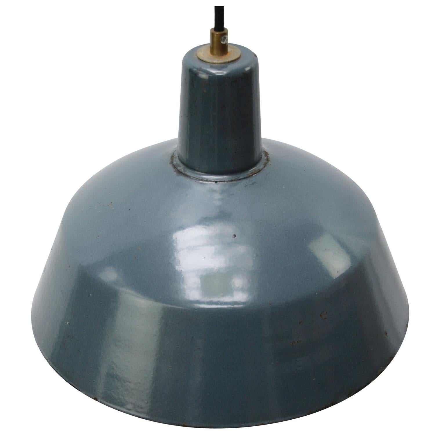Factory hanging light
Blue enamel, black type, white interior

Weight: 1.20 kg / 2.6 lb

Priced per individual item. All lamps have been made suitable by international standards for incandescent light bulbs, energy-efficient and LED bulbs.