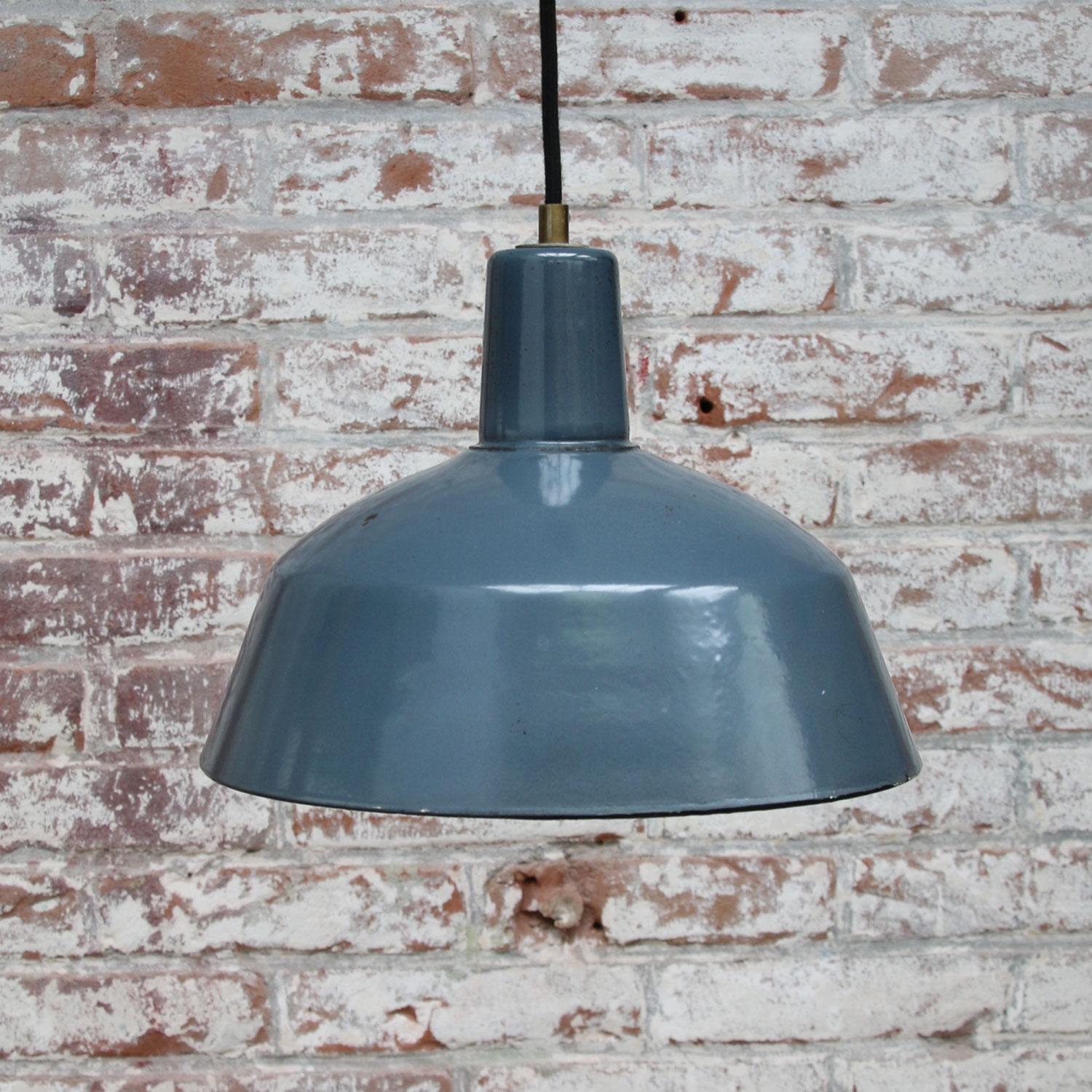 Light Blue Enamel Vintage Industrial Factory Pendant Lights In Good Condition In Amsterdam, NL