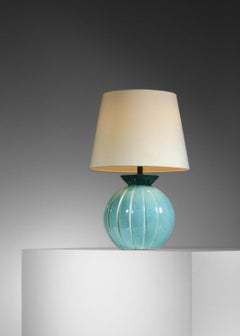 Light blue enamelled Art Deco ceramic lamp André Fau Manufacture de Boulogne