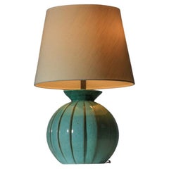 Light blue enamelled Art Deco ceramic lamp André Fau Manufacture de Boulogne