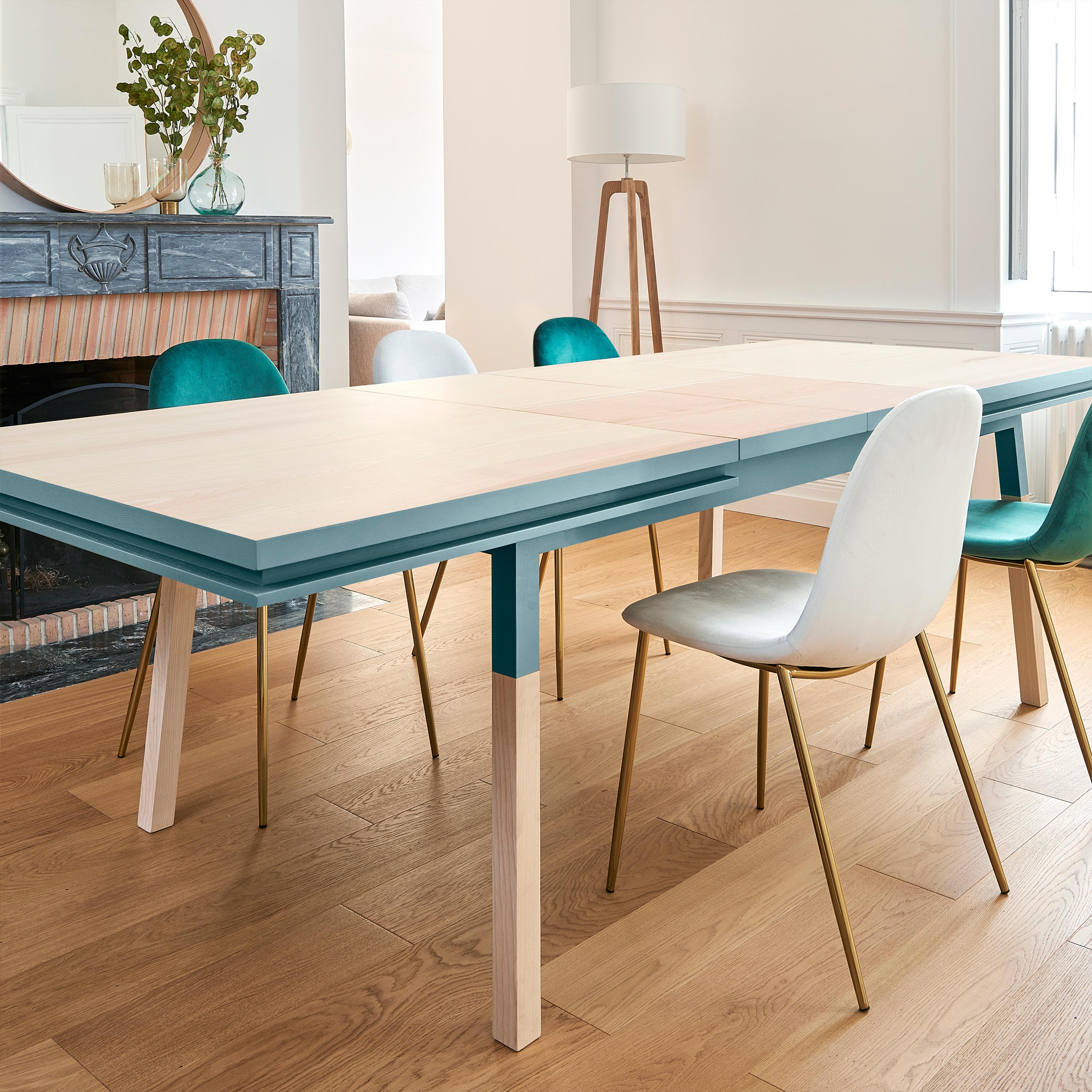 Scandinavian Modern Light Blue Extensible Table in Solid Ash Wood, Designed by Eric Gizard, Paris For Sale