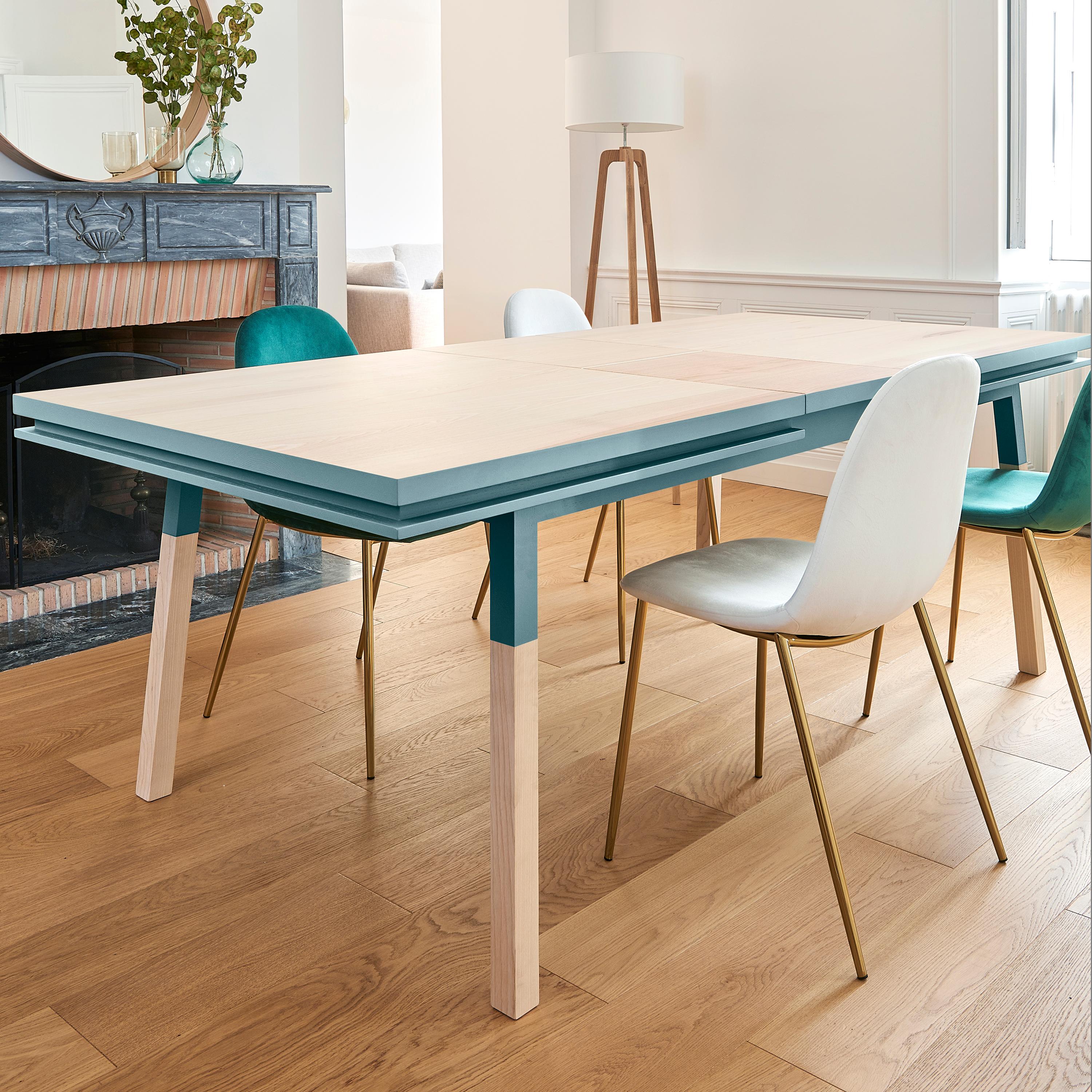 French Light Blue Extensible Table in Solid Ash Wood, Designed by Eric Gizard, Paris For Sale