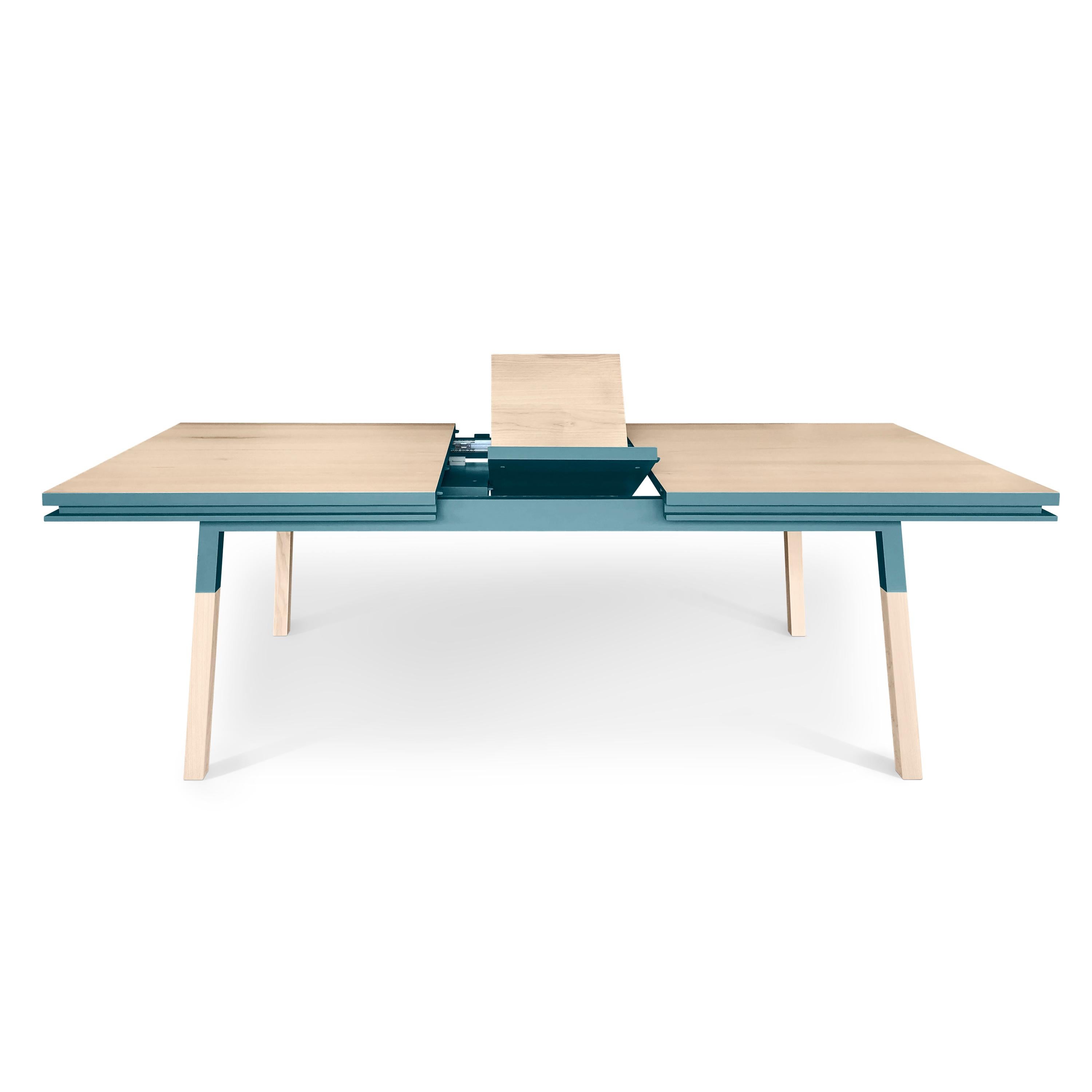 Hand-Crafted Light Blue Extensible Table in Solid Ash Wood, Designed by Eric Gizard, Paris For Sale
