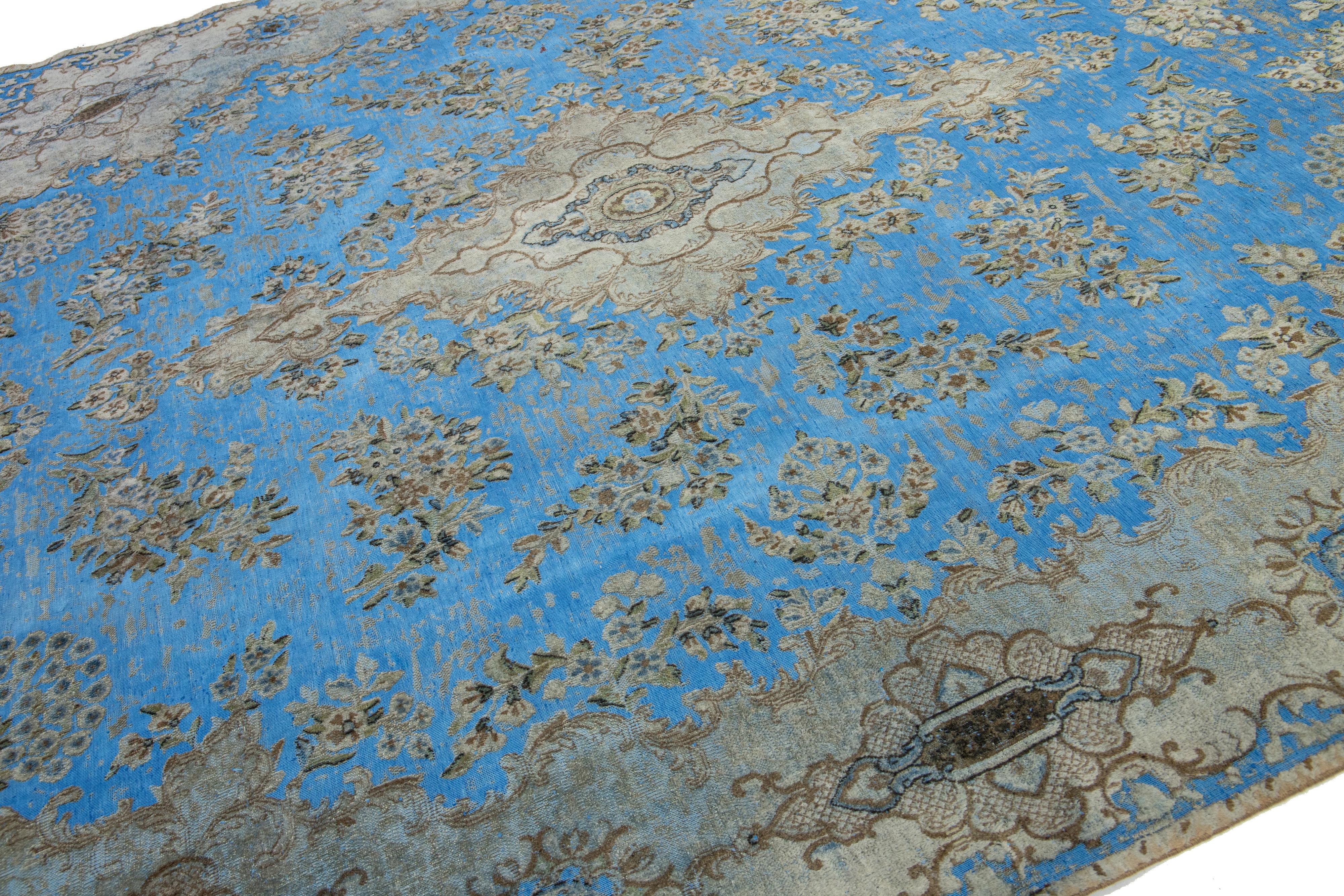 light Blue Floral Antique Persian Overdyed Wool Rug With Medallion Motif For Sale 4