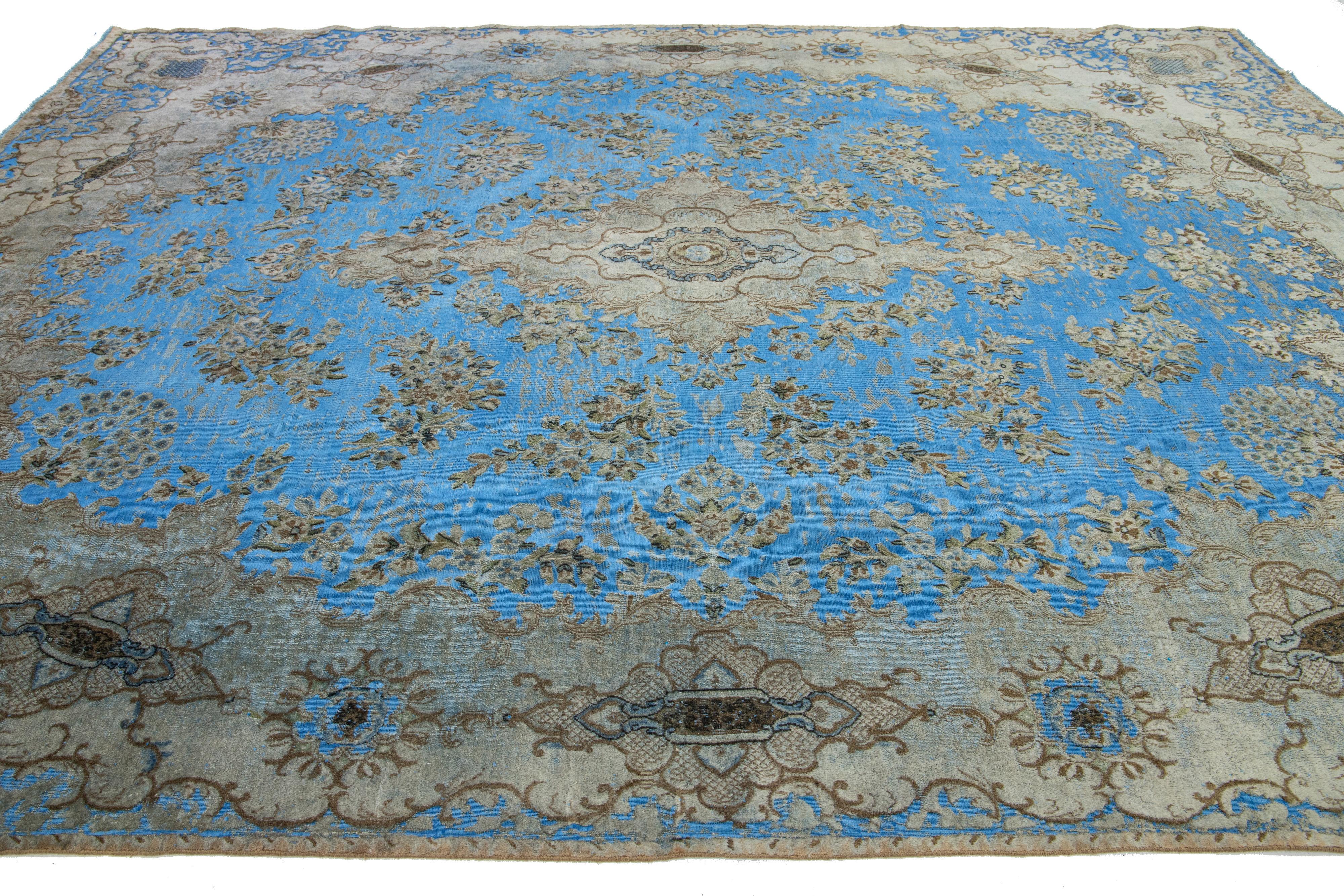 light Blue Floral Antique Persian Overdyed Wool Rug With Medallion Motif For Sale 3