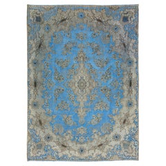 light Blue Floral Vintage Persian Overdyed Wool Rug With Medallion Motif