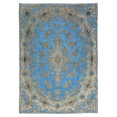 light Blue Floral Antique Persian Overdyed Wool Rug With Medallion Motif