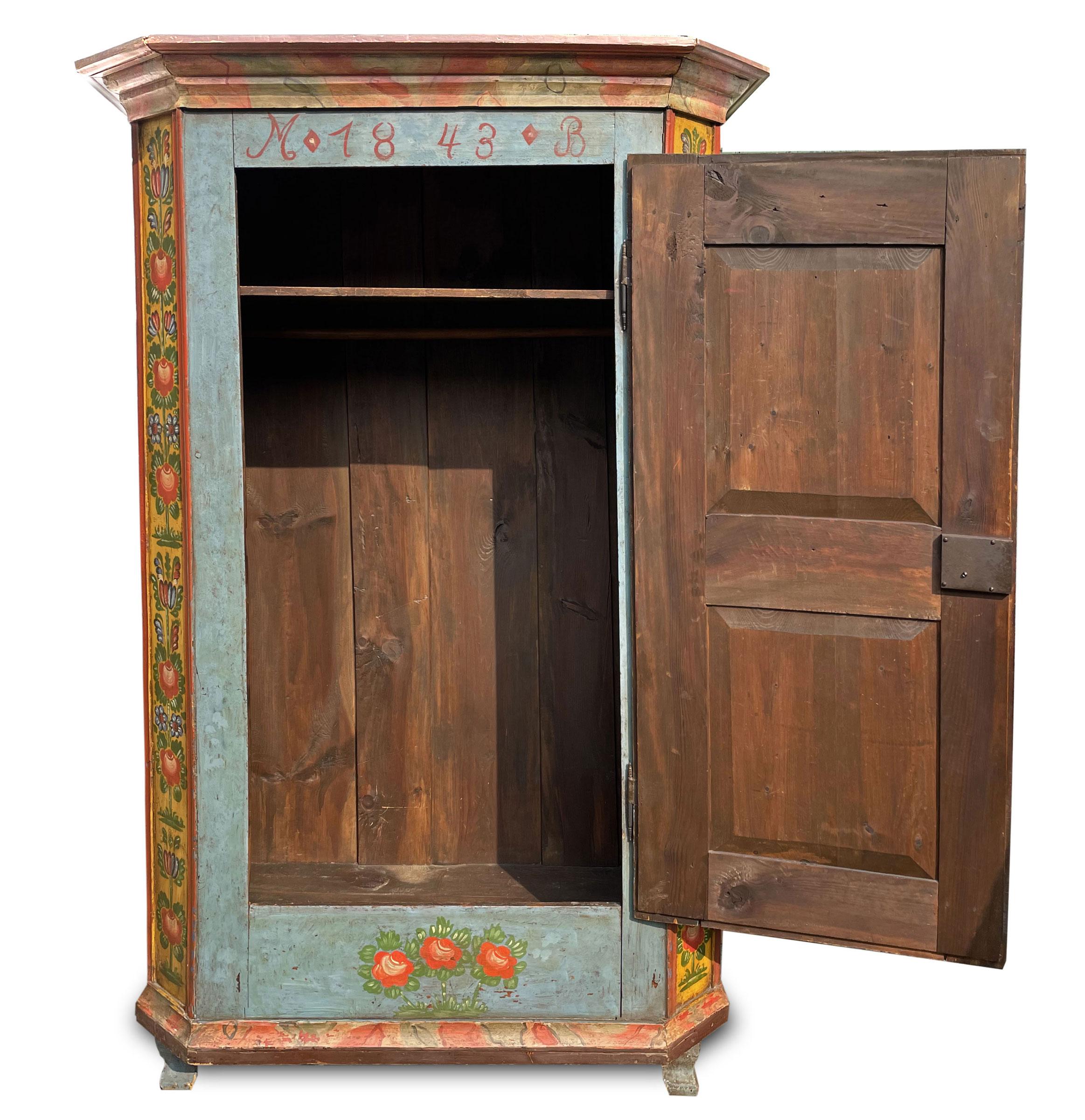 Country Light Blue Floral Painted Wardrobe, 1843, Central Europe