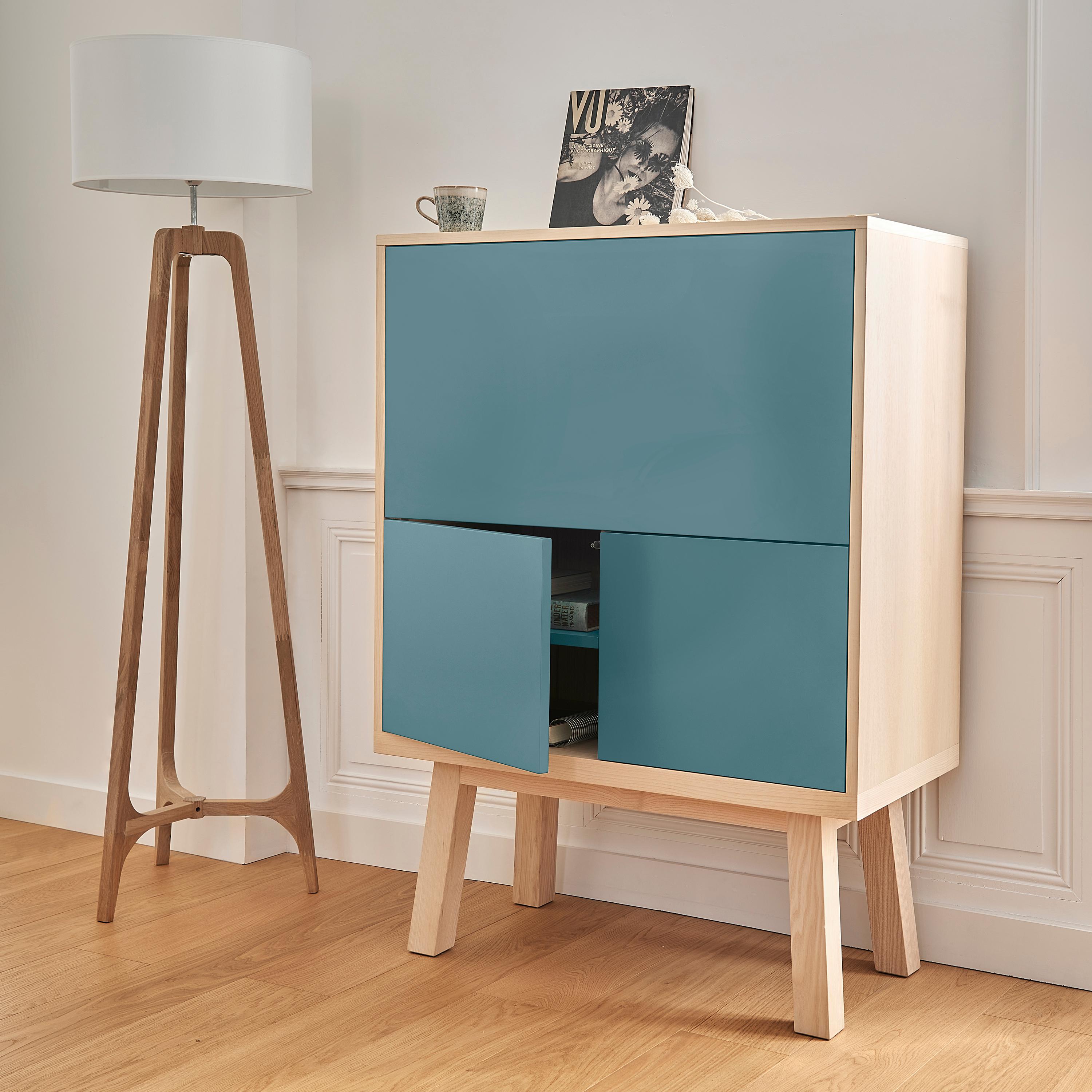 Scandinavian Modern light blue French secrétaire in ash, designed by E. Gizard, Paris in 11 colours For Sale