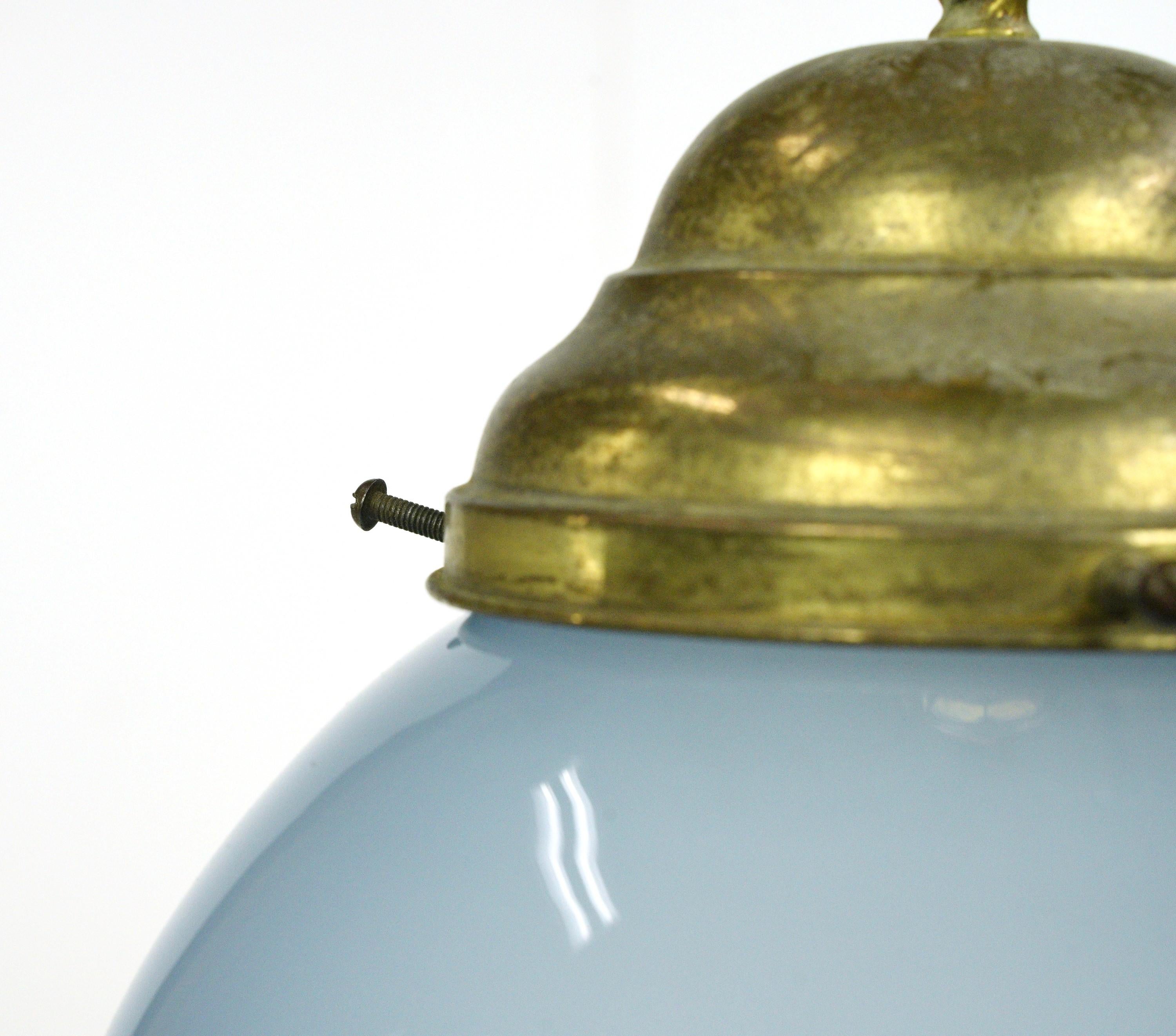 Light Blue Glass Globe w Brass Chain Pendant Light In Good Condition For Sale In New York, NY