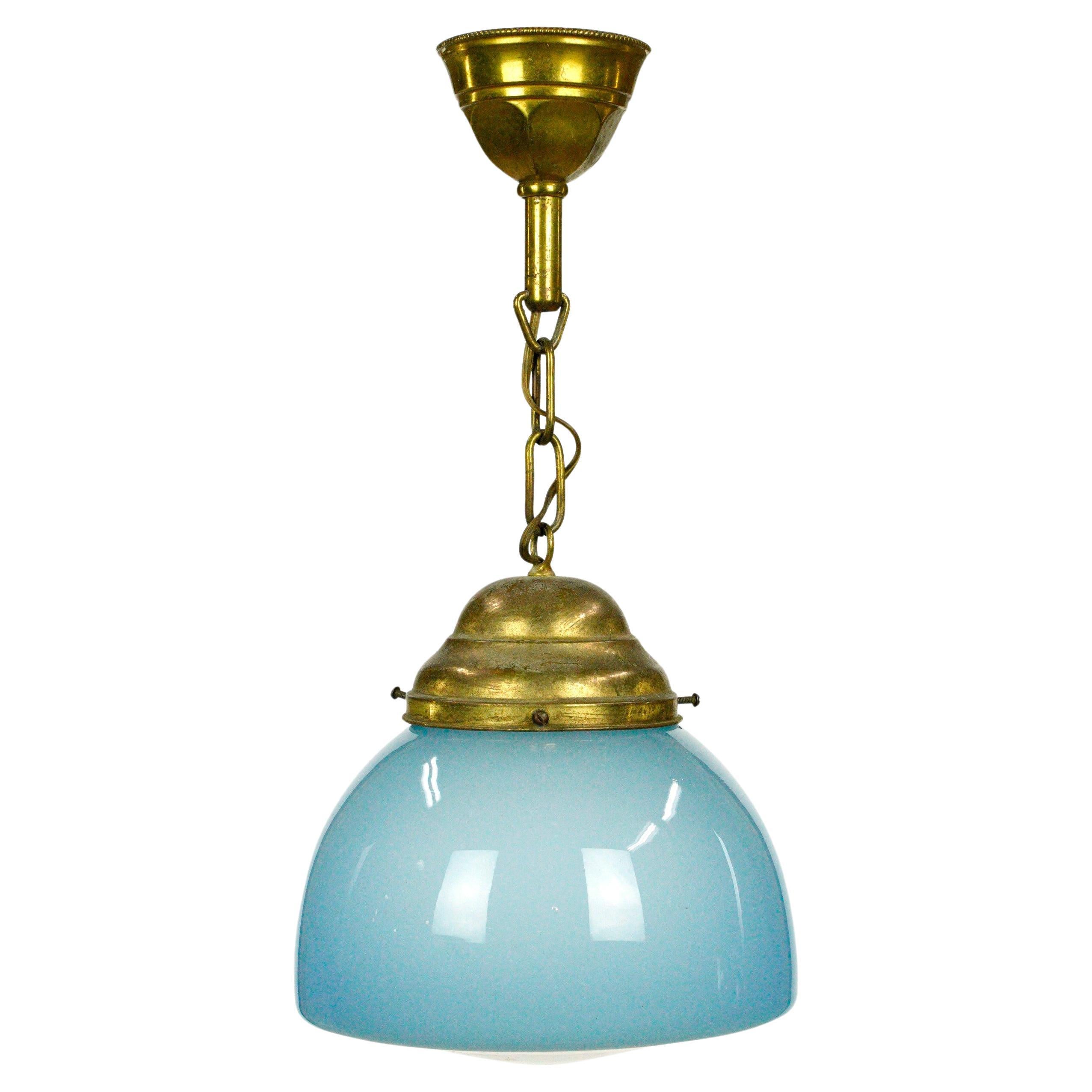 Light Blue Glass Globe w Brass Chain Pendant Light For Sale