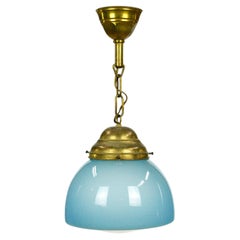 Antique Light Blue Glass Globe w Brass Chain Pendant Light