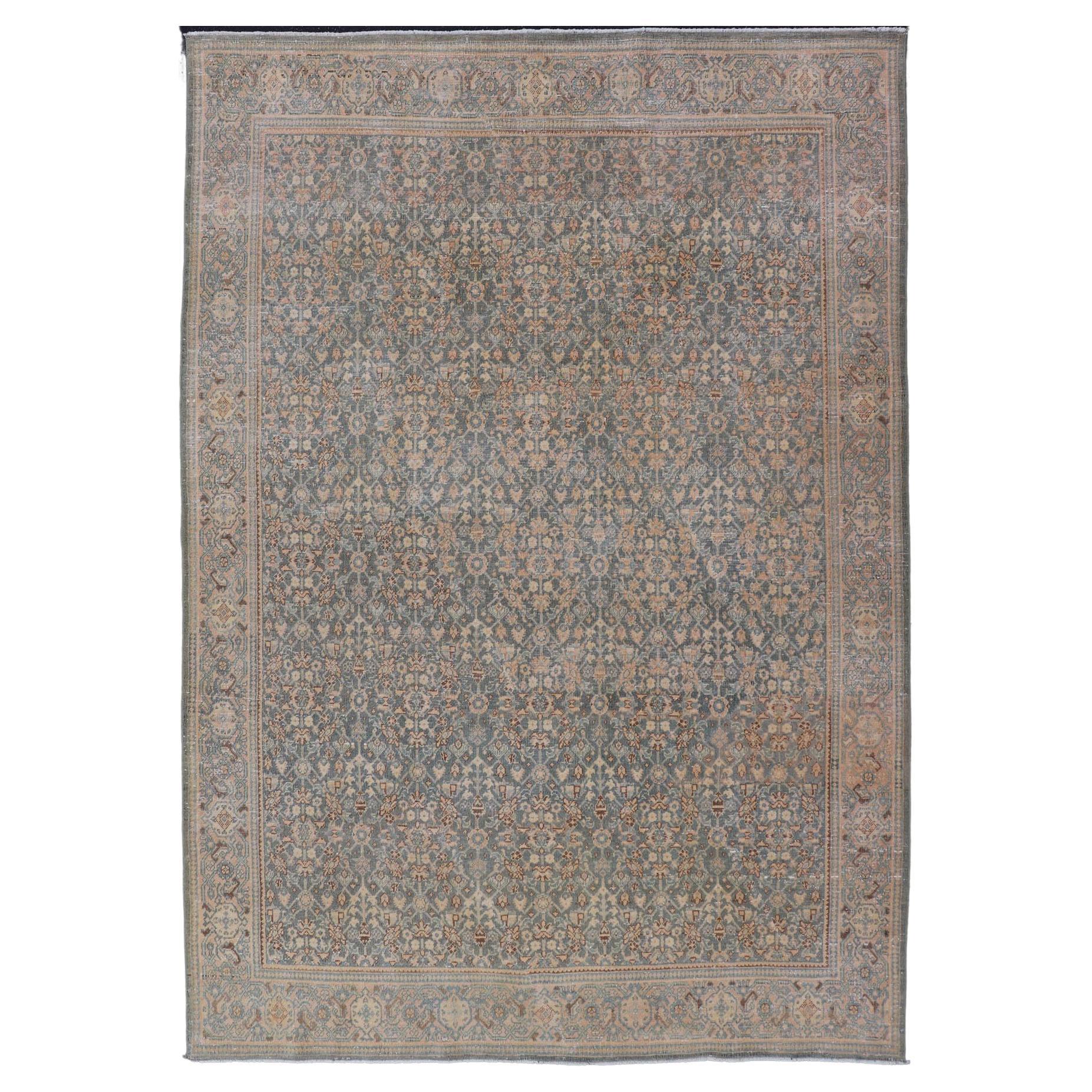 Light Blue/Gray Background Persian Antique Tabriz Rug with Herati Design