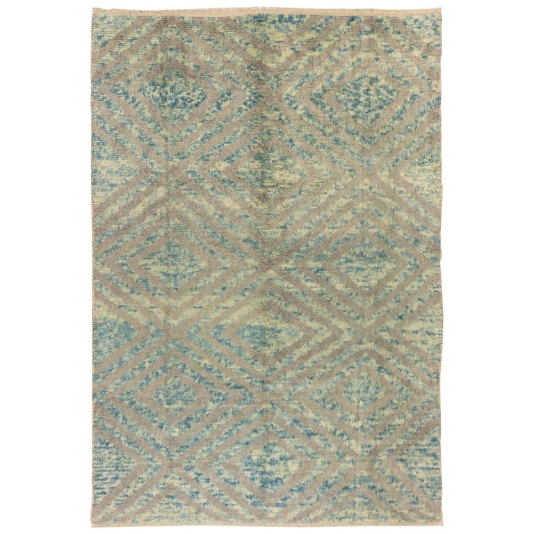 Modern Hand Knotted Rug in Blue, Gray and Cream, 100 Wool, Custom Ops